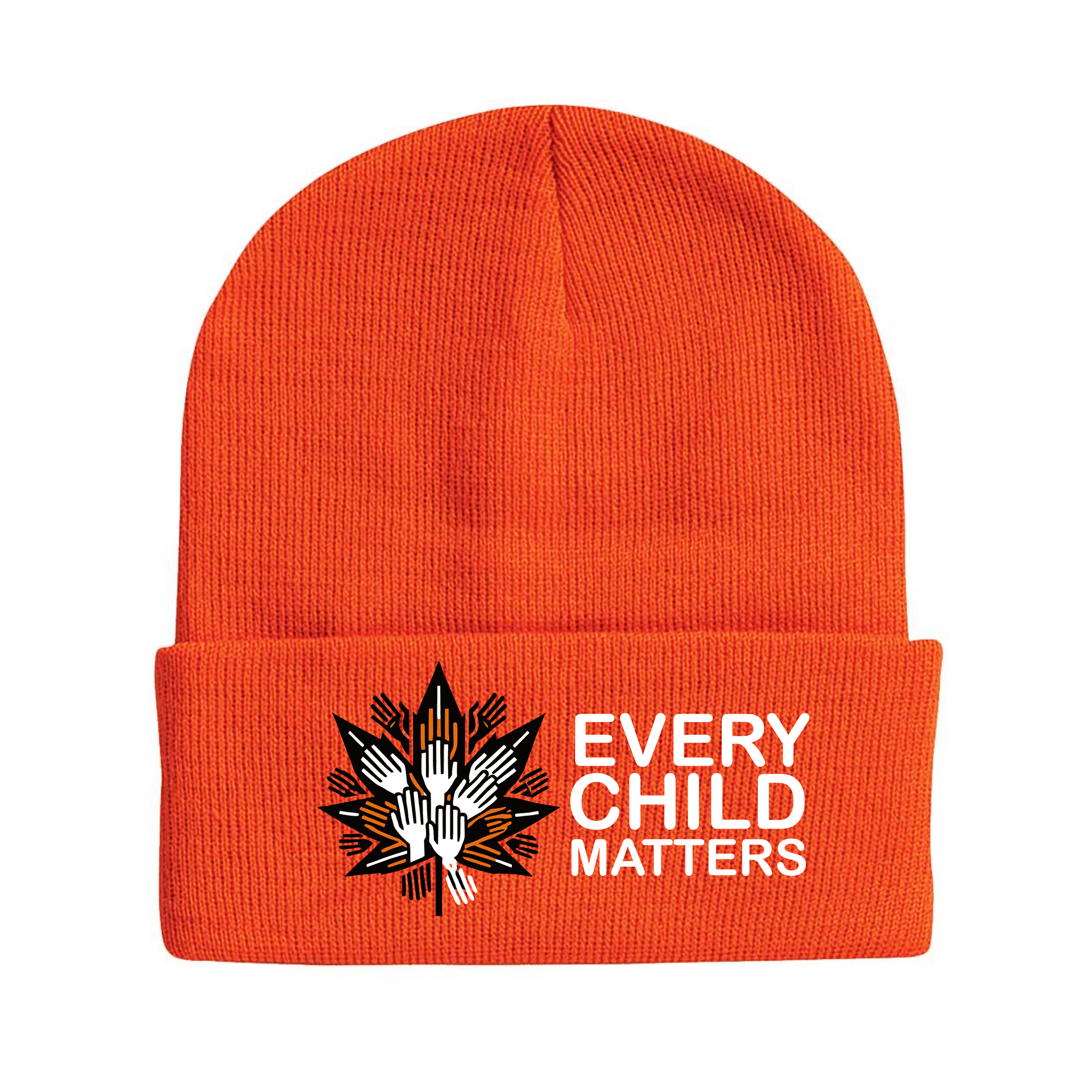 Blaze Orange Toque – Every Child Matters Toque with Hands Maple Leaf Design Adults One size Blaze Orange Toque Children's Winter Hat Every Child Matters Every Child Matters Toque Hands Maple Leaf Design