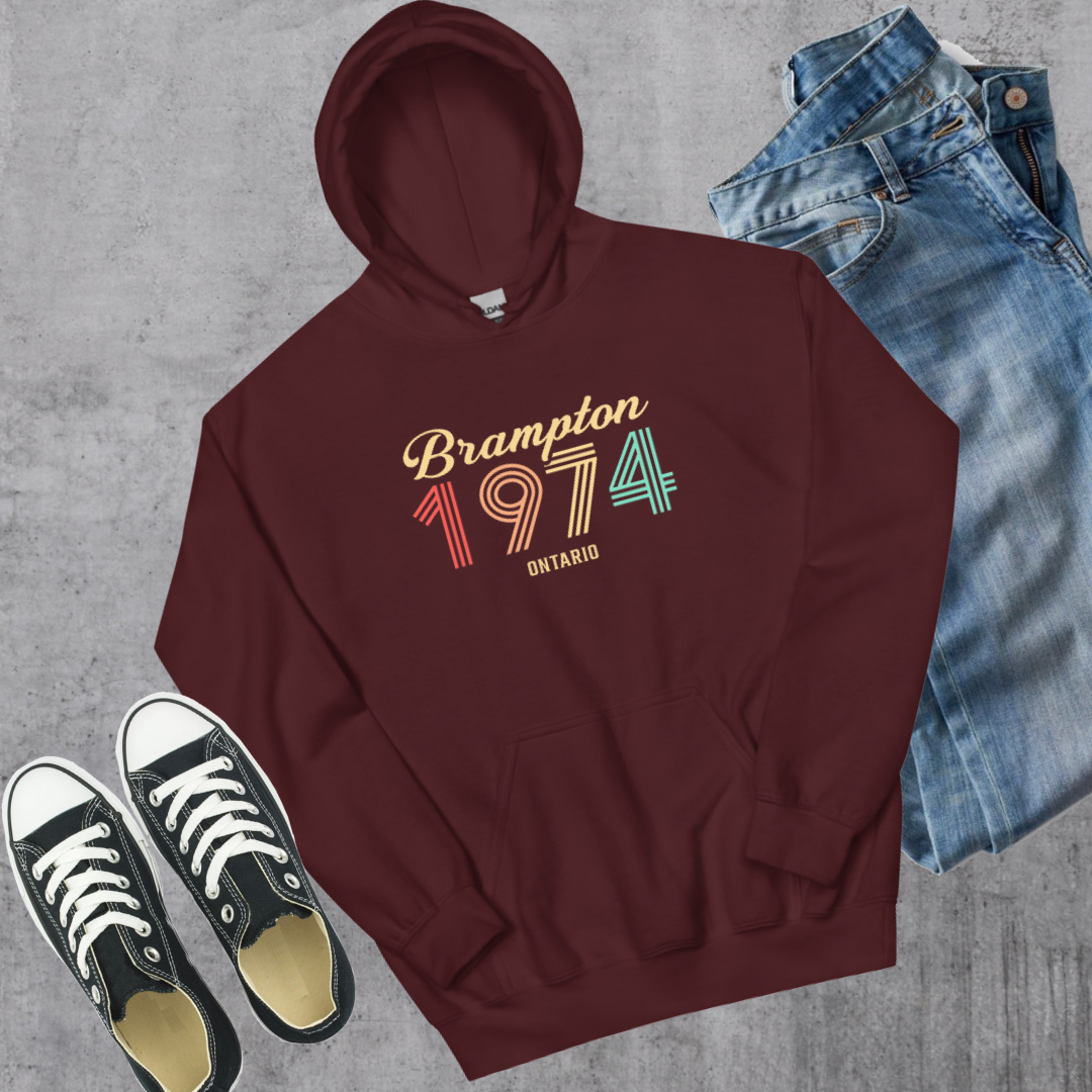 Brampton Vintage Hoodie - Toronto Embroidery Maroon bulk orders canadian city apparel custom decoration custom embroidery custom hoodies embroidered hoodies embroidery service fast turnaround professional embroidery pullover sweatshirts toronto embroidery