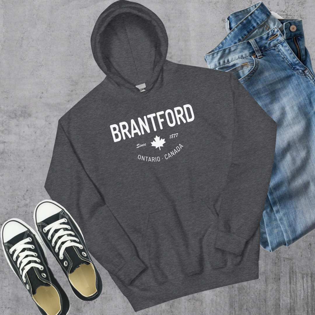 Brantford Since 1877 Hoodie - Toronto Embroidery Dark Heather bulk orders canadian city apparel custom decoration custom embroidery custom hoodies embroidered hoodies embroidery service fast turnaround professional embroidery pullover sweatshirts toronto embroidery