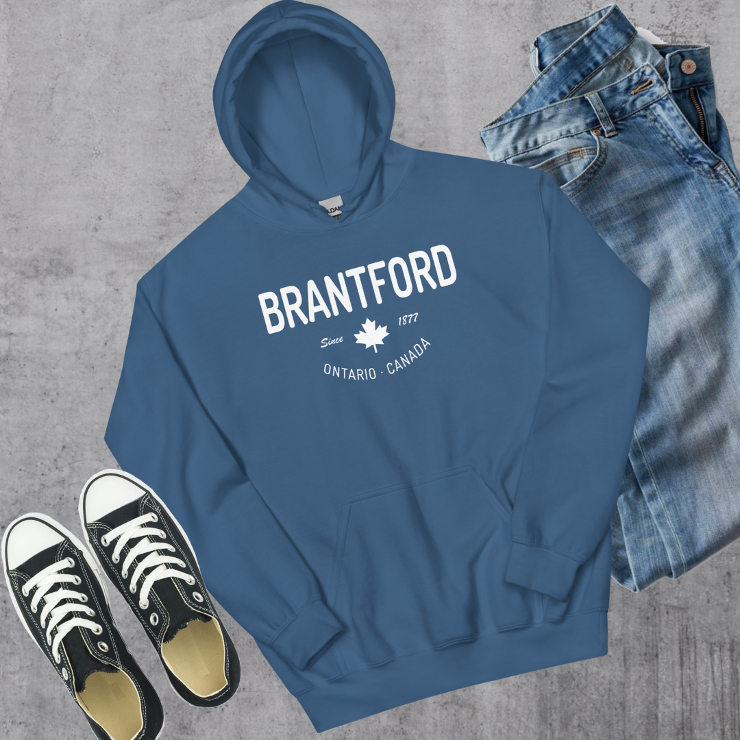 Brantford Since 1877 Hoodie - Toronto Embroidery Indigo Blue bulk orders canadian city apparel custom decoration custom embroidery custom hoodies embroidered hoodies embroidery service fast turnaround professional embroidery pullover sweatshirts toronto embroidery