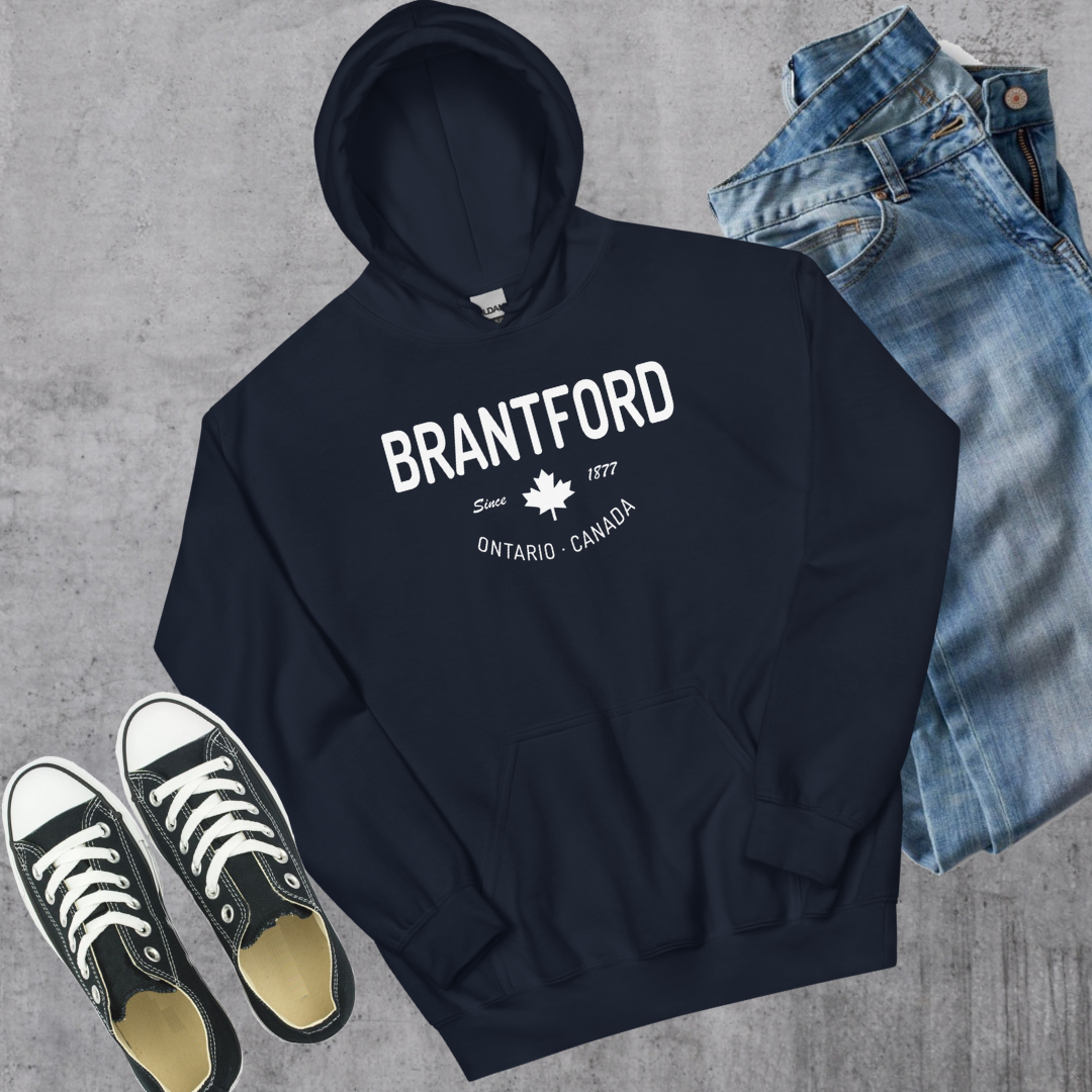 Brantford Since 1877 Hoodie - Toronto Embroidery Navy bulk orders canadian city apparel custom decoration custom embroidery custom hoodies embroidered hoodies embroidery service fast turnaround professional embroidery pullover sweatshirts toronto embroidery