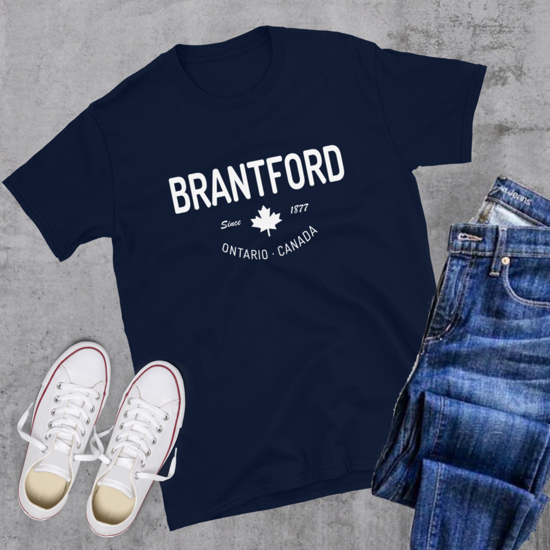 Brantford Since 1877 Tee - Toronto Embroidery Navy bulk orders canadian city apparel custom decoration custom embroidery custom shirts custom t-shirts embroidered shirts embroidery service fast turnaround professional embroidery tee shirts toronto embroidery