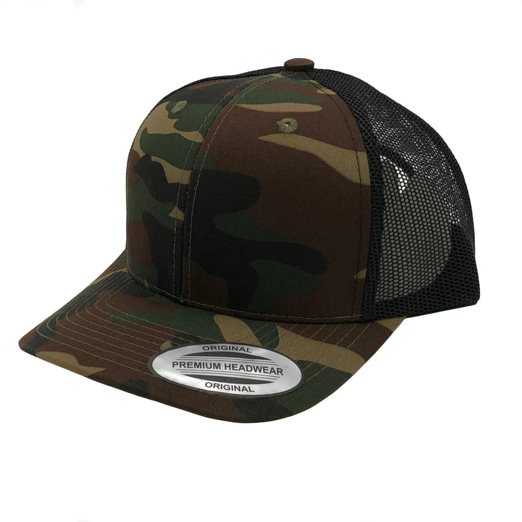 GNV-6606T - Premium Trucker Mesh Cap Camo Green Black ONE SIZE 6 PANELS CAP COTTON / POLYESTER CURVE headwear MESH mid profile nissi caps SNAPBACK STRUCTURED TRUCKER MESH UNISEX