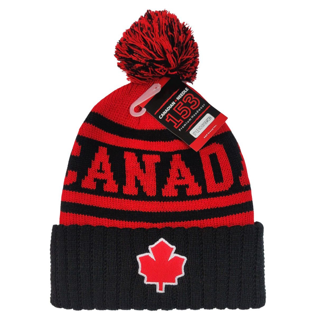 CANADA Pom Knit Toque - Black with Red Jacquard Canada, Red Leaf Felt Patch, KW1904BKRD Best Seller