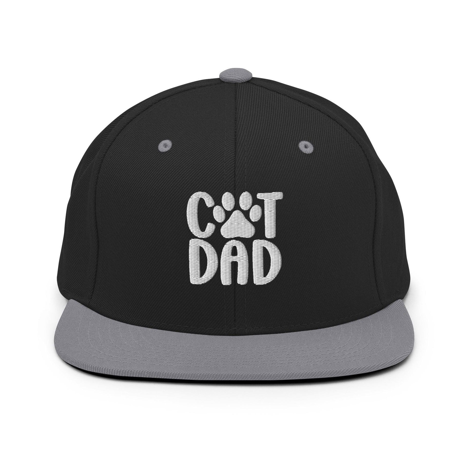 Cat Dad Embroidered Flat Bill Brim Snapback Hat Black Silver Capital Crowns Funny Snapback Hats