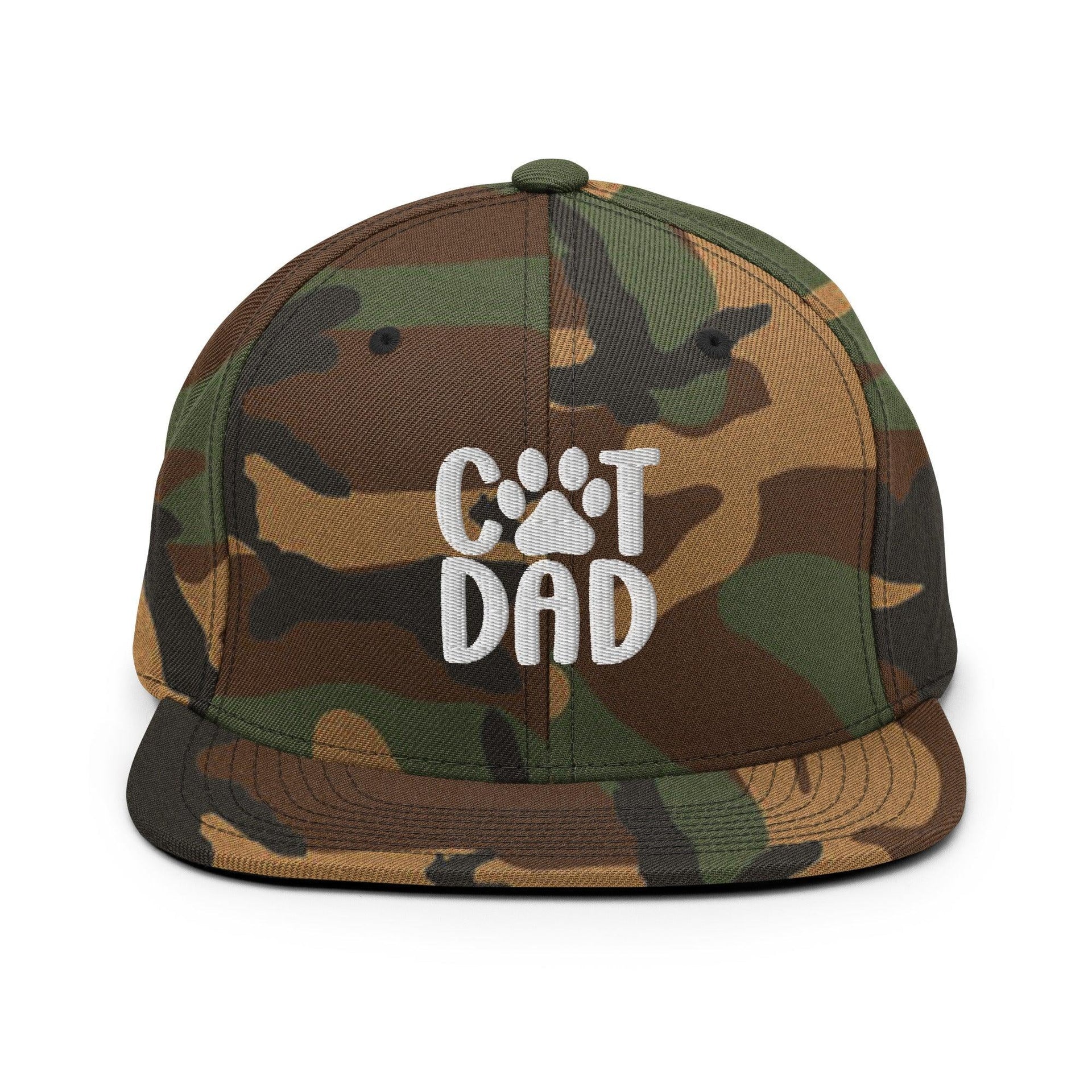 Cat Dad Embroidered Flat Bill Brim Snapback Hat Green Camo Capital Crowns Funny Snapback Hats