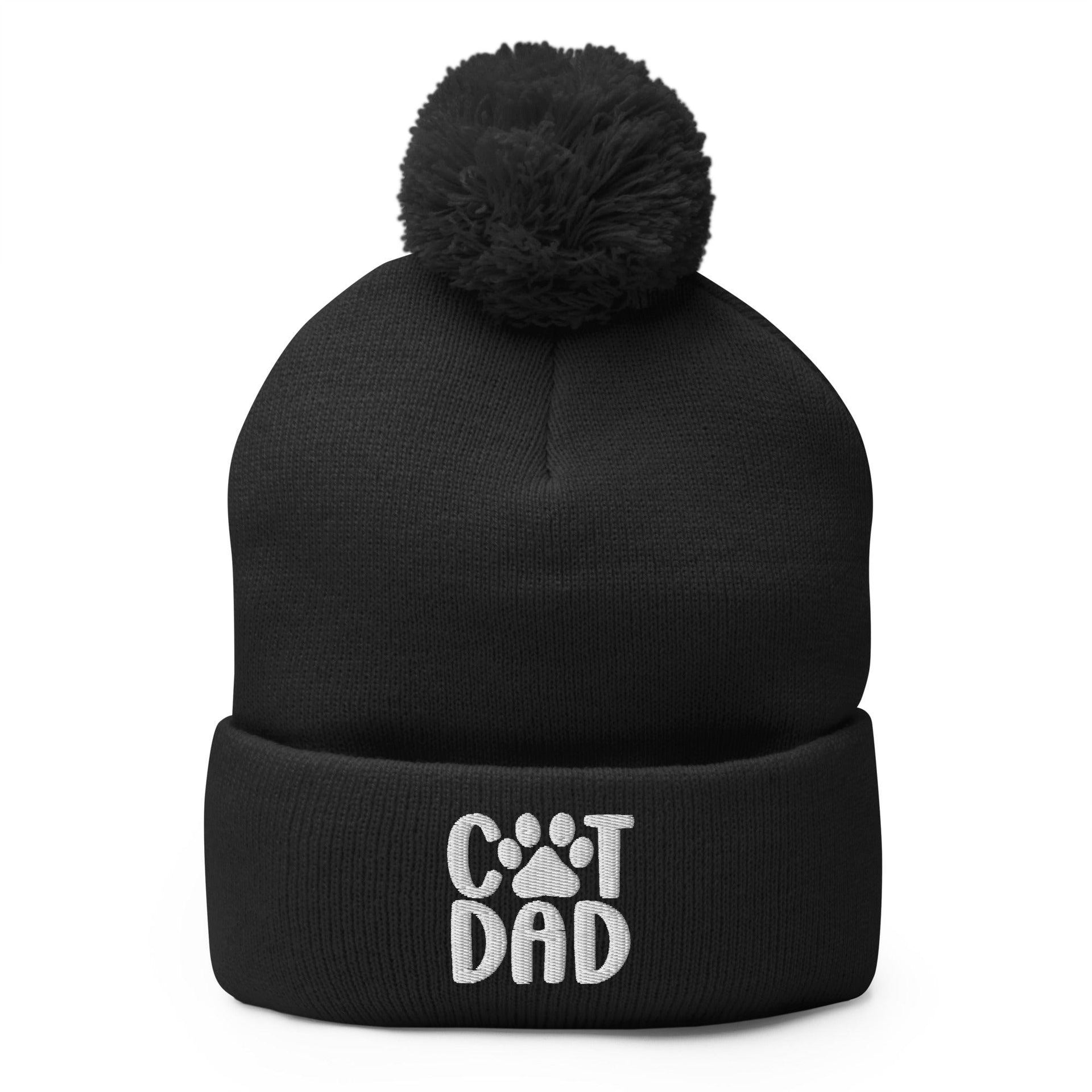 Cat Dad Embroidered Knit Pom Pom Beanie Black Beanies Capital Crowns Funny
