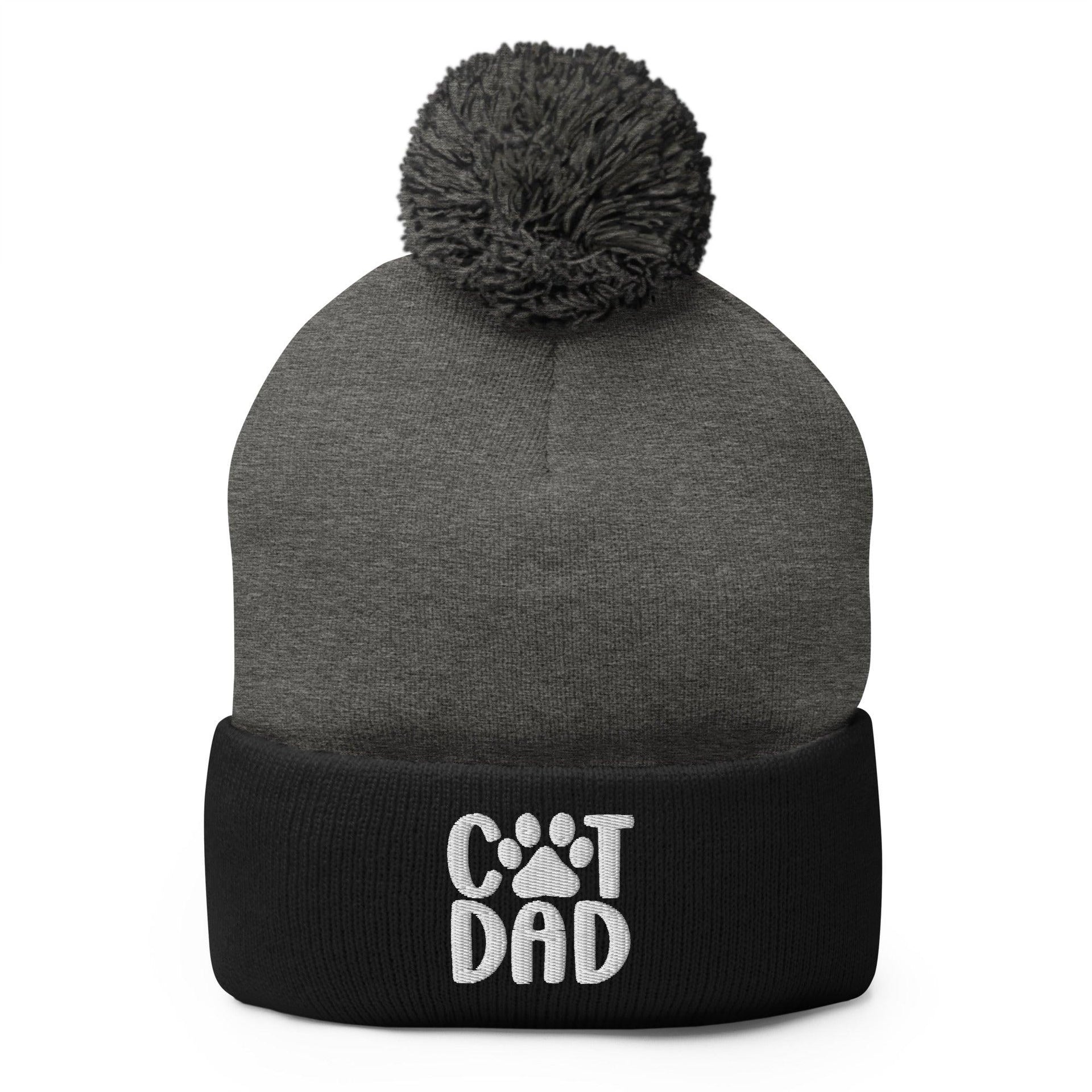 Cat Dad Embroidered Knit Pom Pom Beanie Dark Heather Grey Black Beanies Capital Crowns Funny
