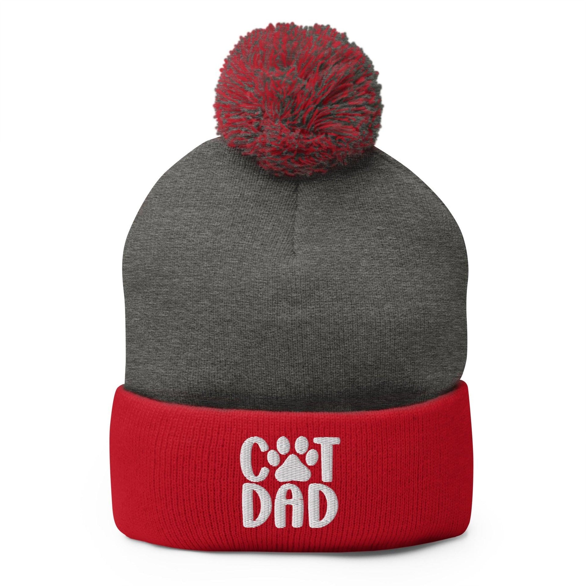Cat Dad Embroidered Knit Pom Pom Beanie Dark Heather Grey Red Beanies Capital Crowns Funny