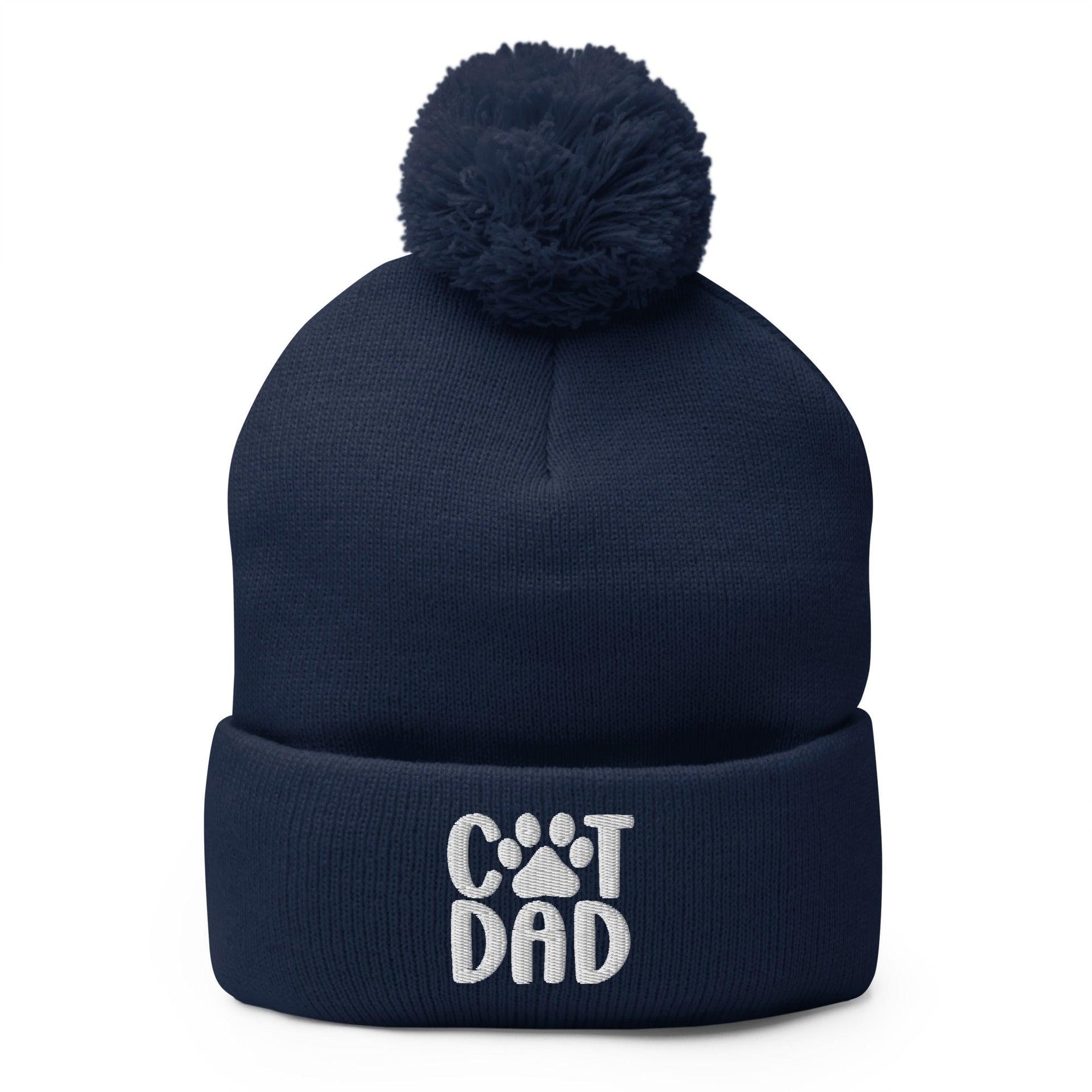 Cat Dad Embroidered Knit Pom Pom Beanie Navy Beanies Capital Crowns Funny