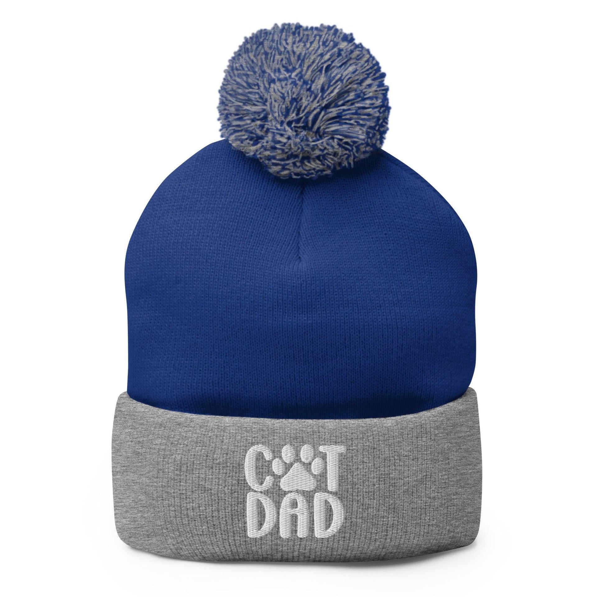 Cat Dad Embroidered Knit Pom Pom Beanie Royal Heather Grey Beanies Capital Crowns Funny