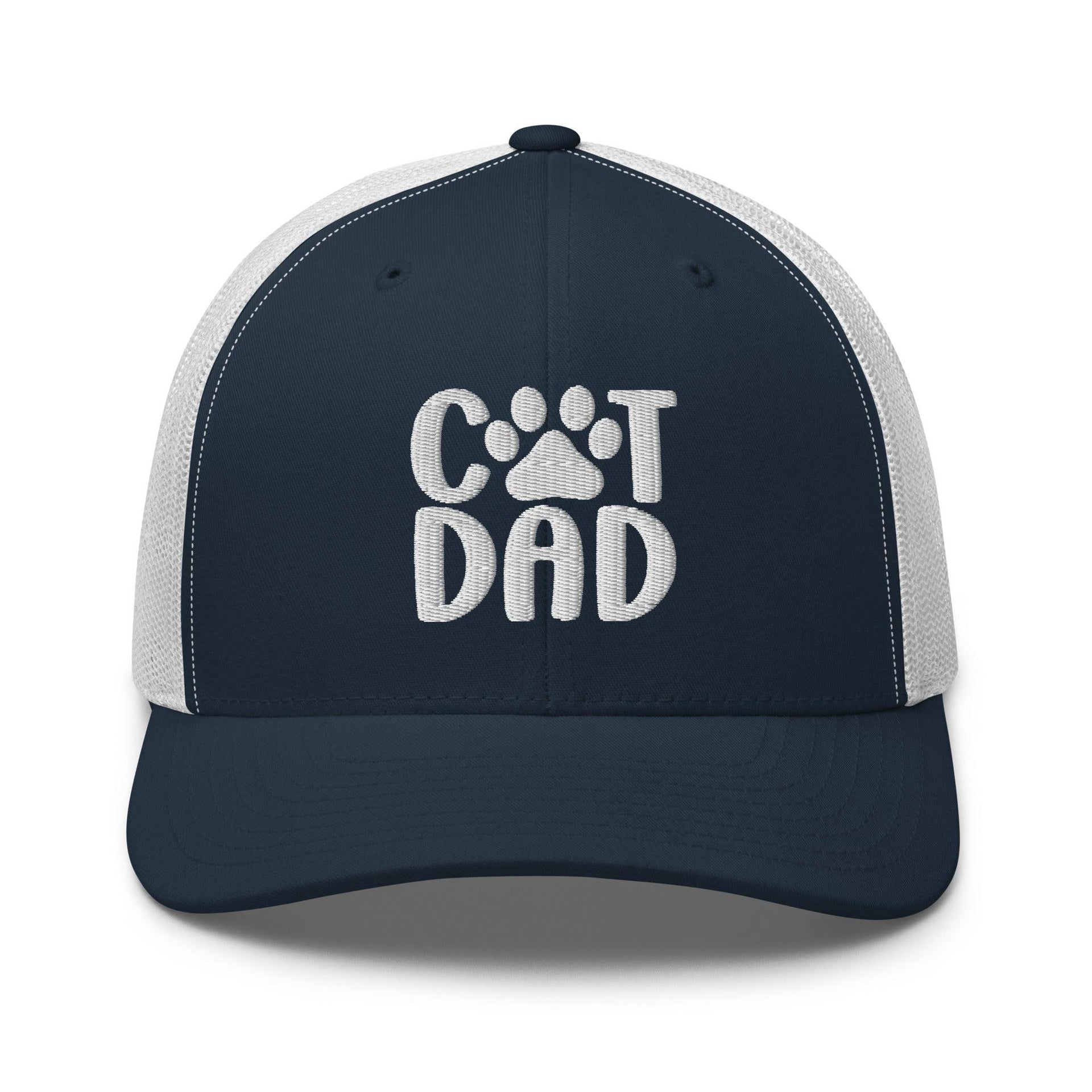 Cat Dad Embroidered Mesh Trucker Hat Navy White Capital Crowns Funny Trucker Hats