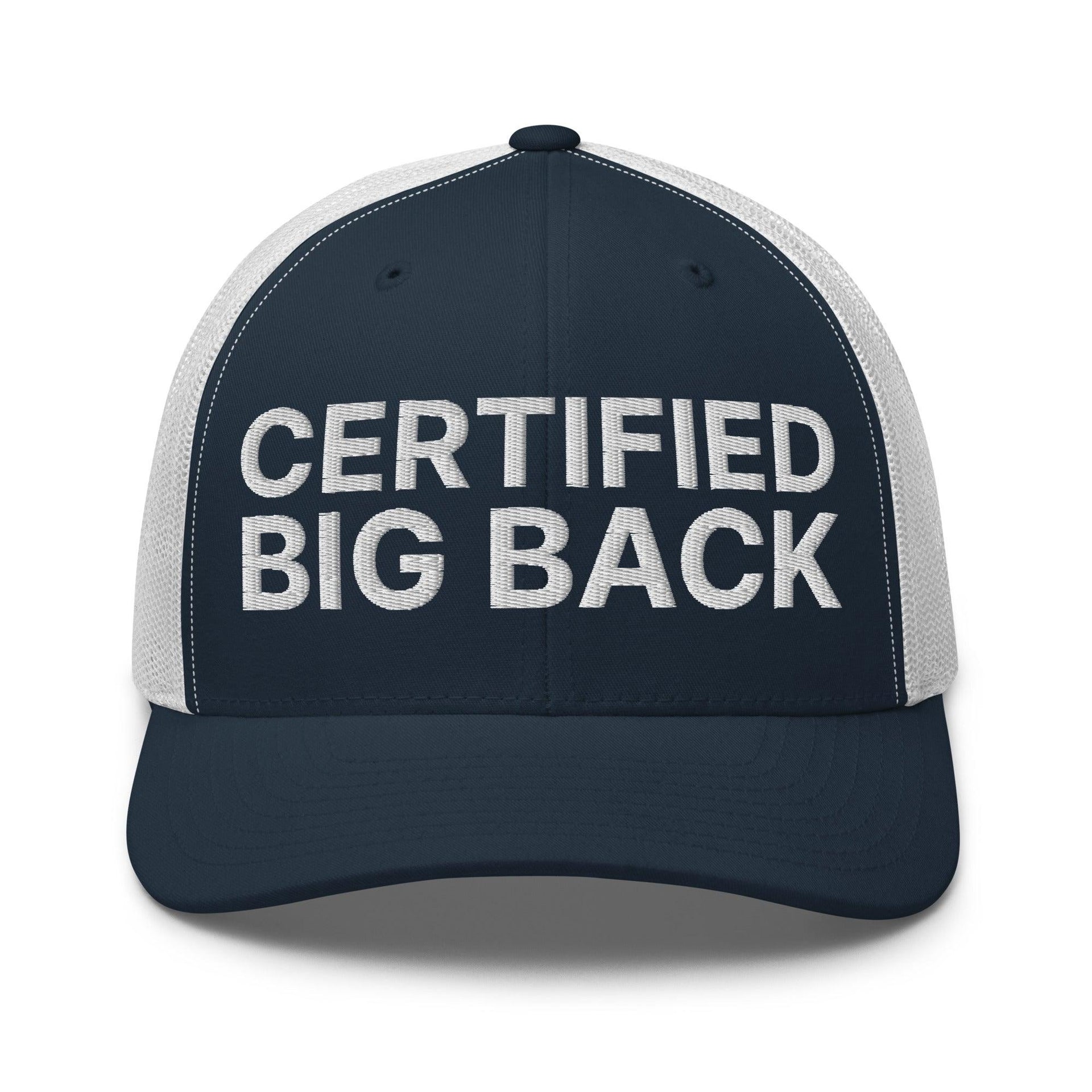 Certified Big Back Embroidered Mesh Trucker Hat Navy White Capital Crowns Funny Trucker Hats