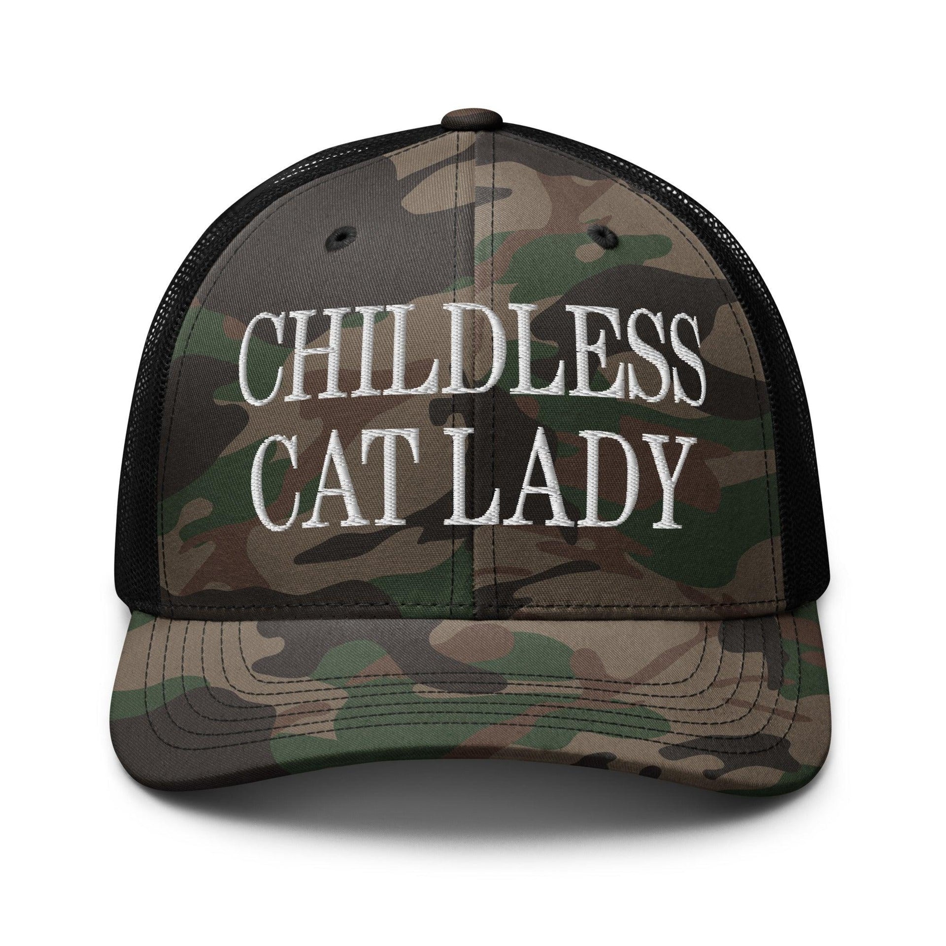Childless Cat Lady Camo Trucker Hat Camo Black Capital Crowns Liberal Trucker Hats