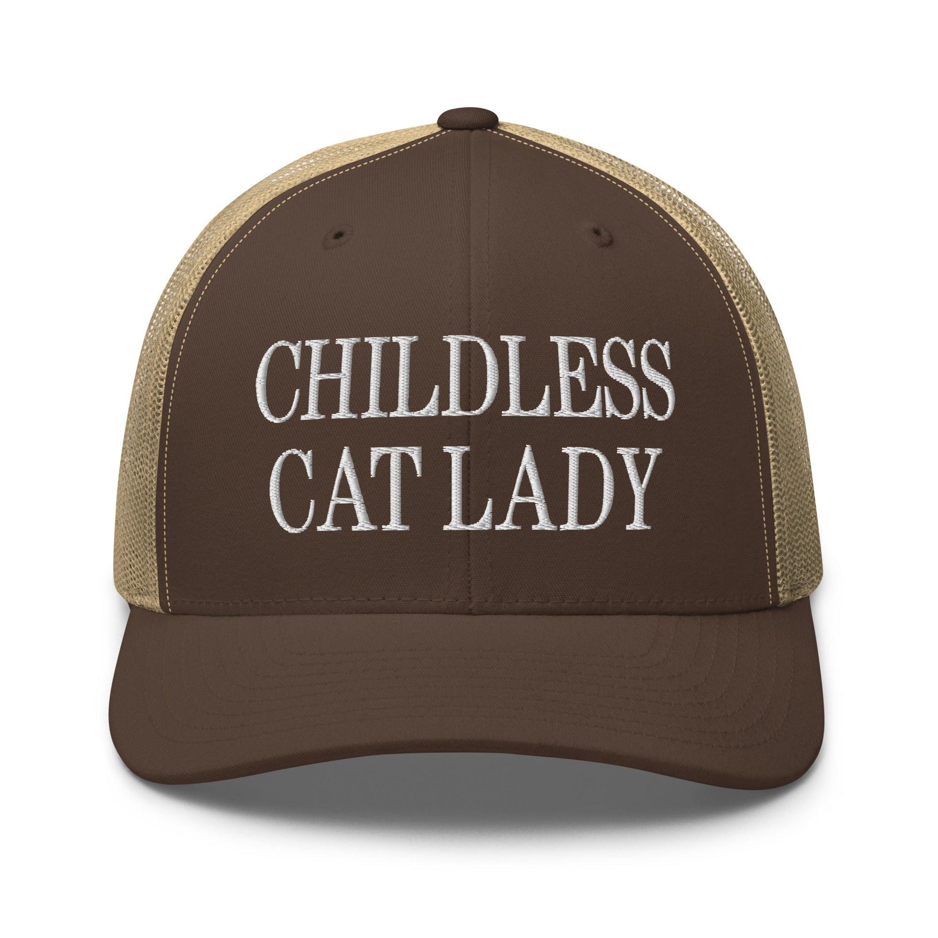 Childless Cat Lady Retro Trucker Hat Brown Khaki Capital Crowns Liberal Trucker Hats