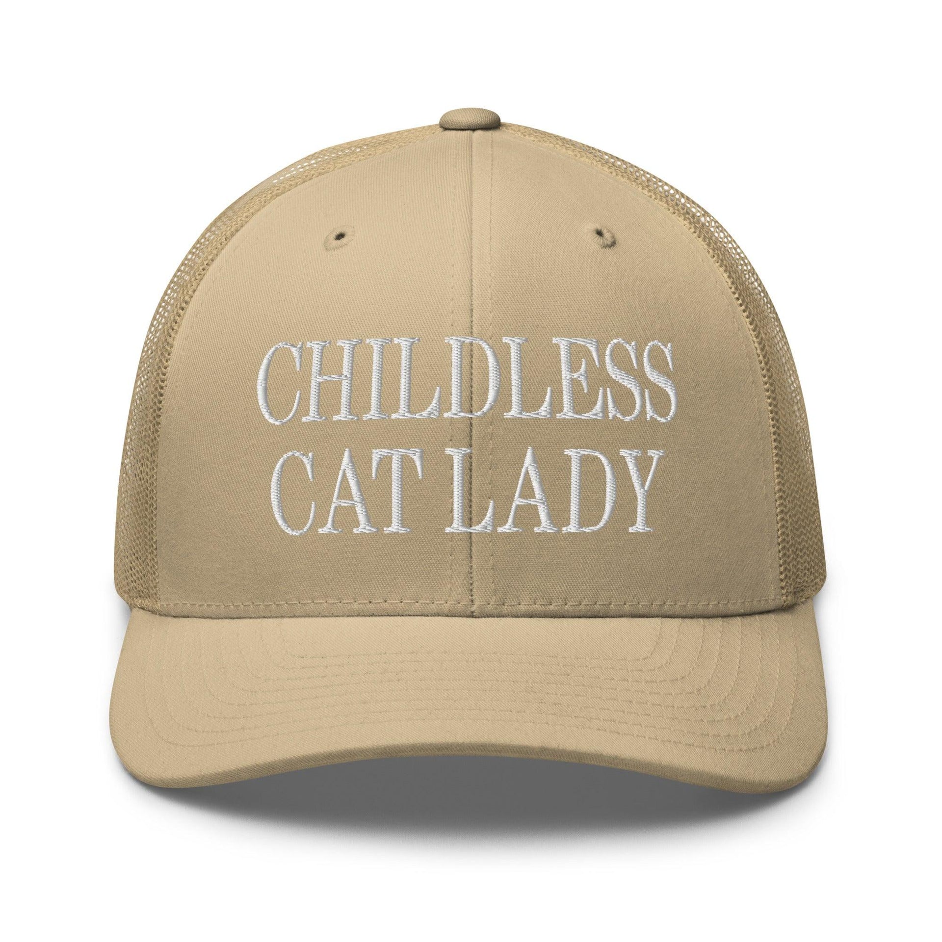 Childless Cat Lady Retro Trucker Hat Khaki Capital Crowns Liberal Trucker Hats
