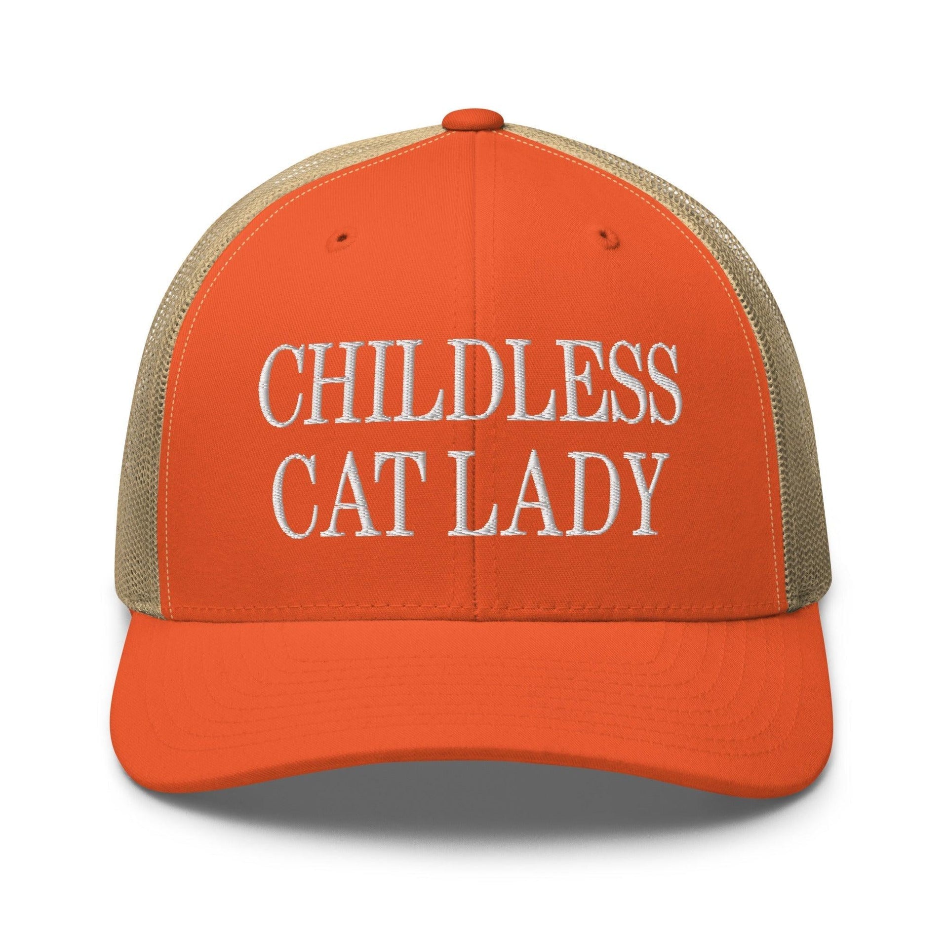 Childless Cat Lady Retro Trucker Hat Rustic Orange Khaki Capital Crowns Liberal Trucker Hats