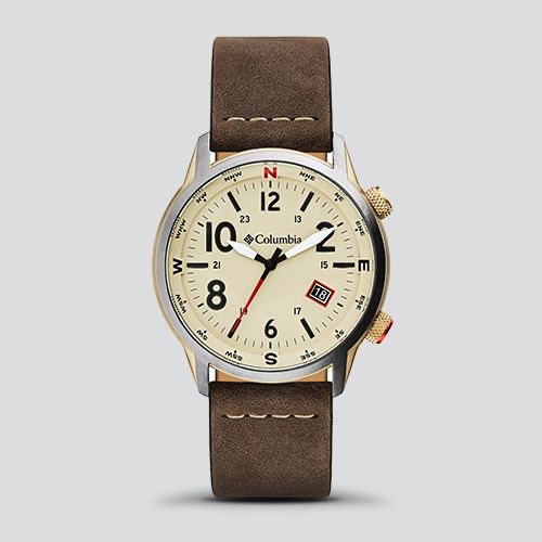 Columbia Timing Outbacker 3-Hand Date Watch - Stone Dial, Saddle Leather Strap Columbia Timing Watches