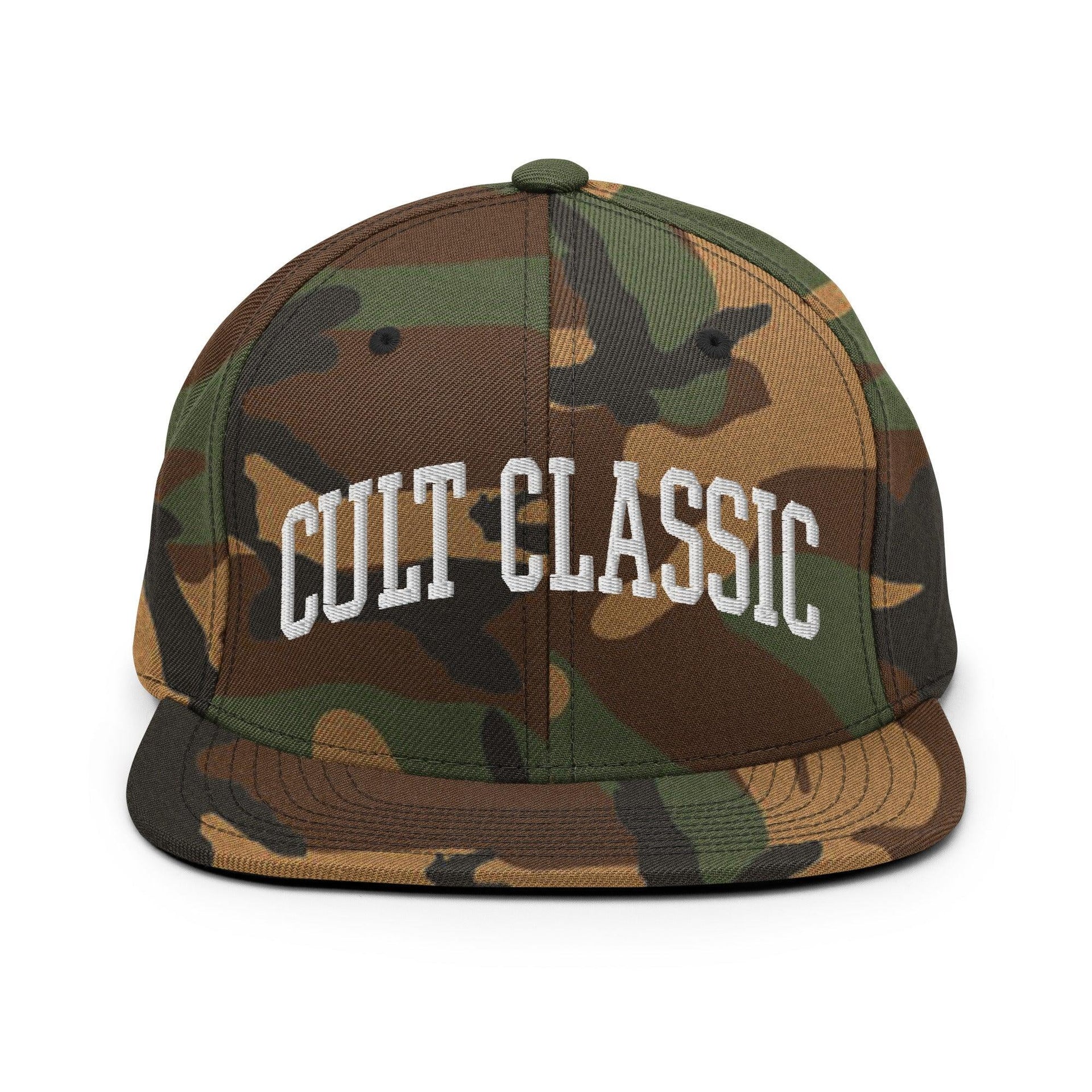 Cult Classic Embroidered Flat Bill Brim Snapback Hat Green Camo Capital Crowns Funny Snapback Hats