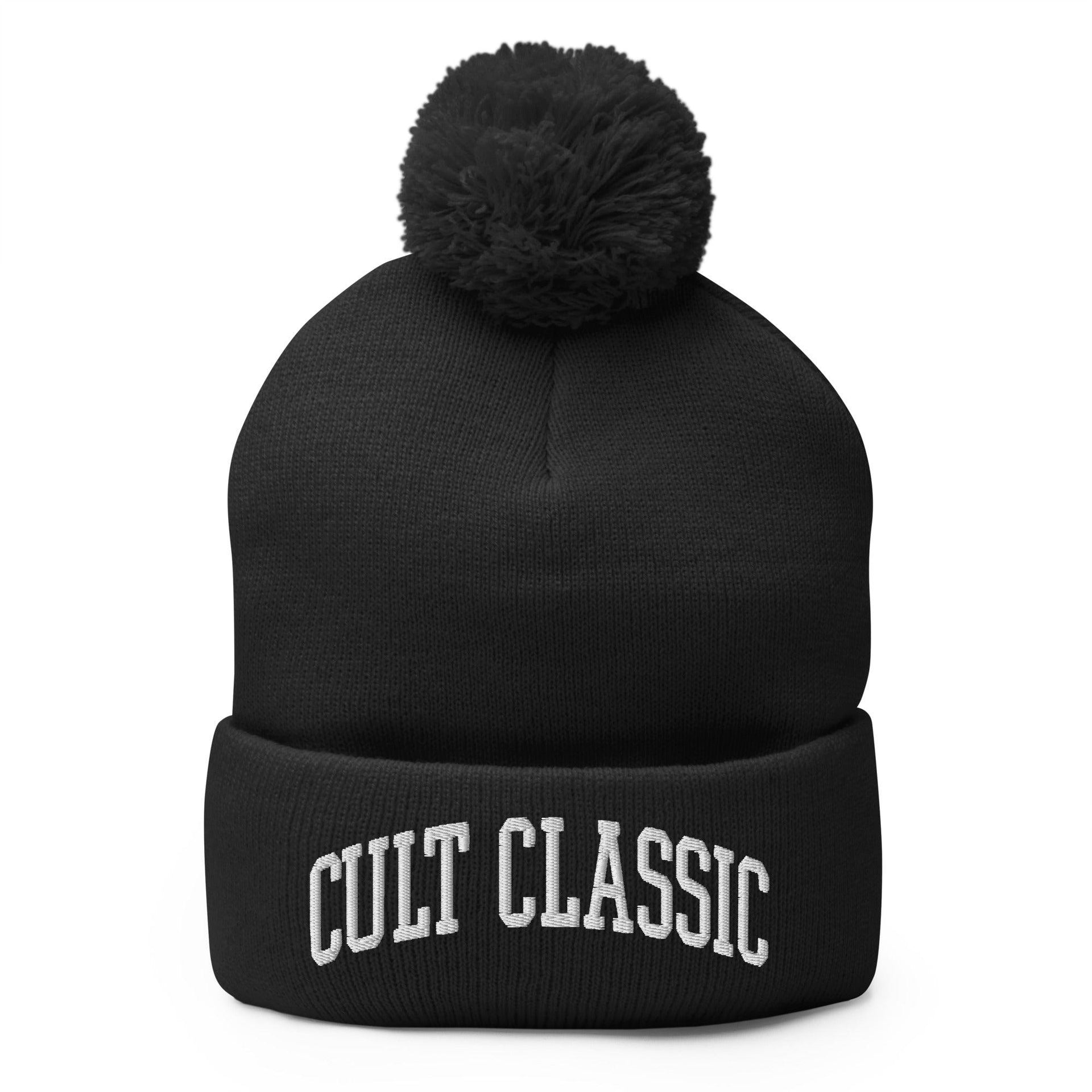 Cult Classic Embroidered Knit Pom Pom Beanie Black Beanies Capital Crowns Funny