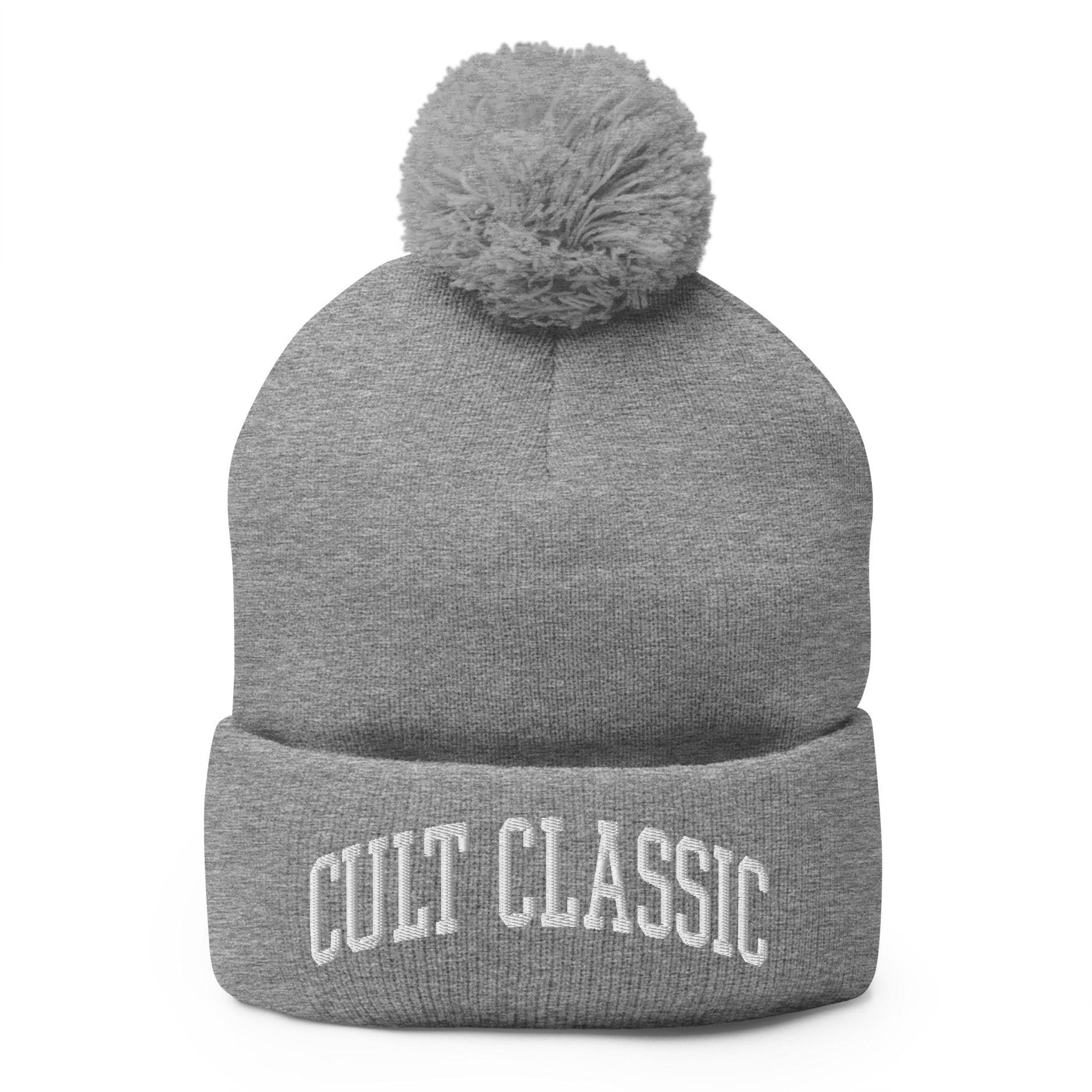 Cult Classic Embroidered Knit Pom Pom Beanie Heather Grey Beanies Capital Crowns Funny