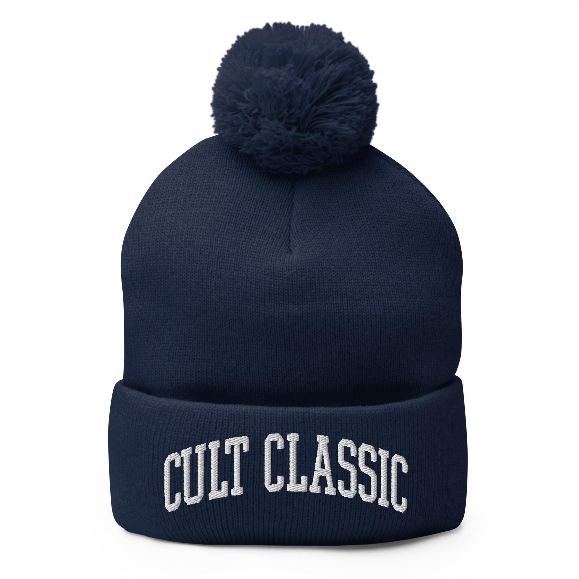 Cult Classic Embroidered Knit Pom Pom Beanie Navy Beanies Capital Crowns Funny