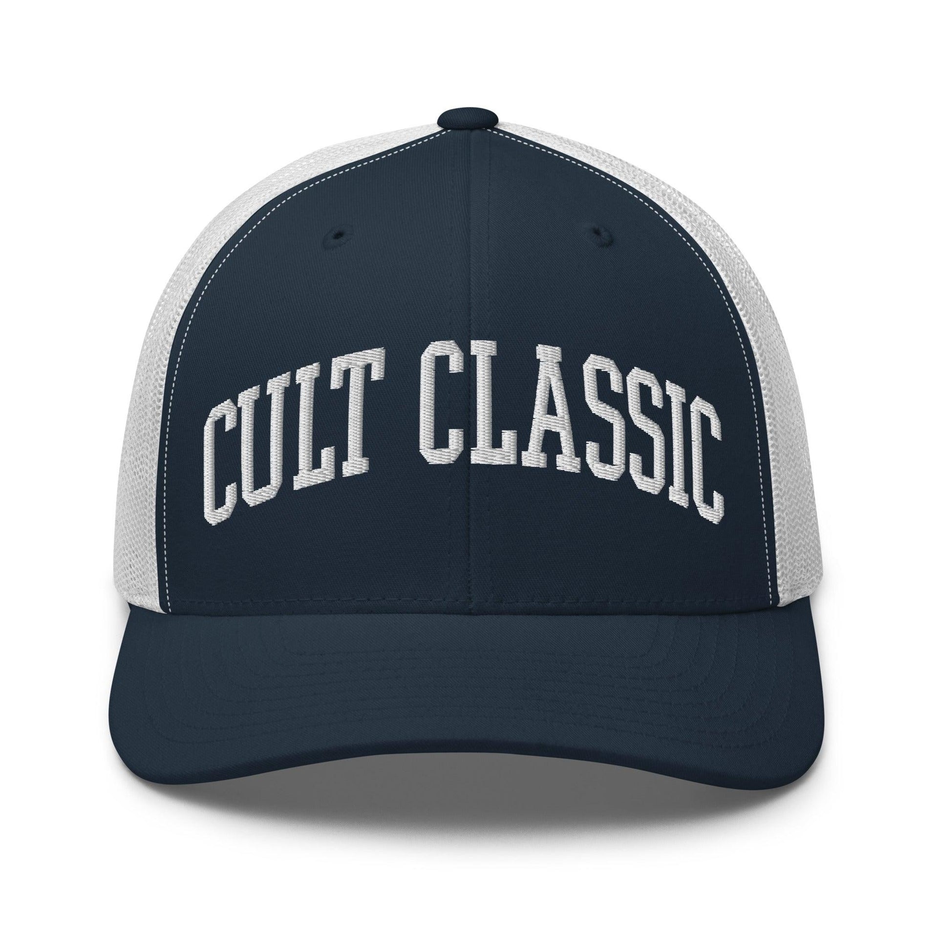 Cult Classic Embroidered Mesh Trucker Hat Navy White Capital Crowns Funny Trucker Hats