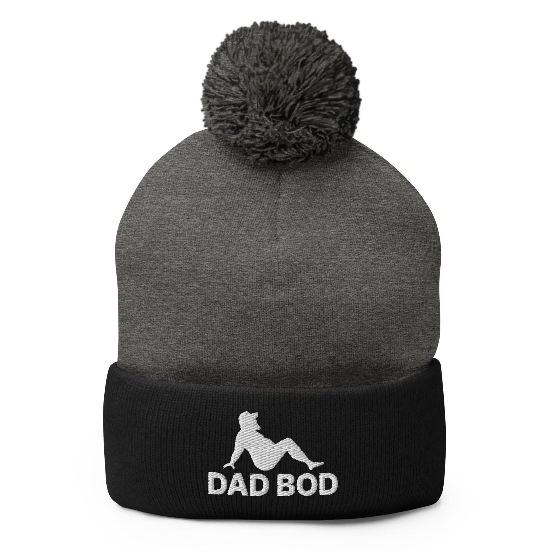 Dad Bod Mud Flap Silhouette Embroidered Knit Pom Pom Beanie Dark Heather Grey Black Beanies Capital Crowns Dad Hats Funny