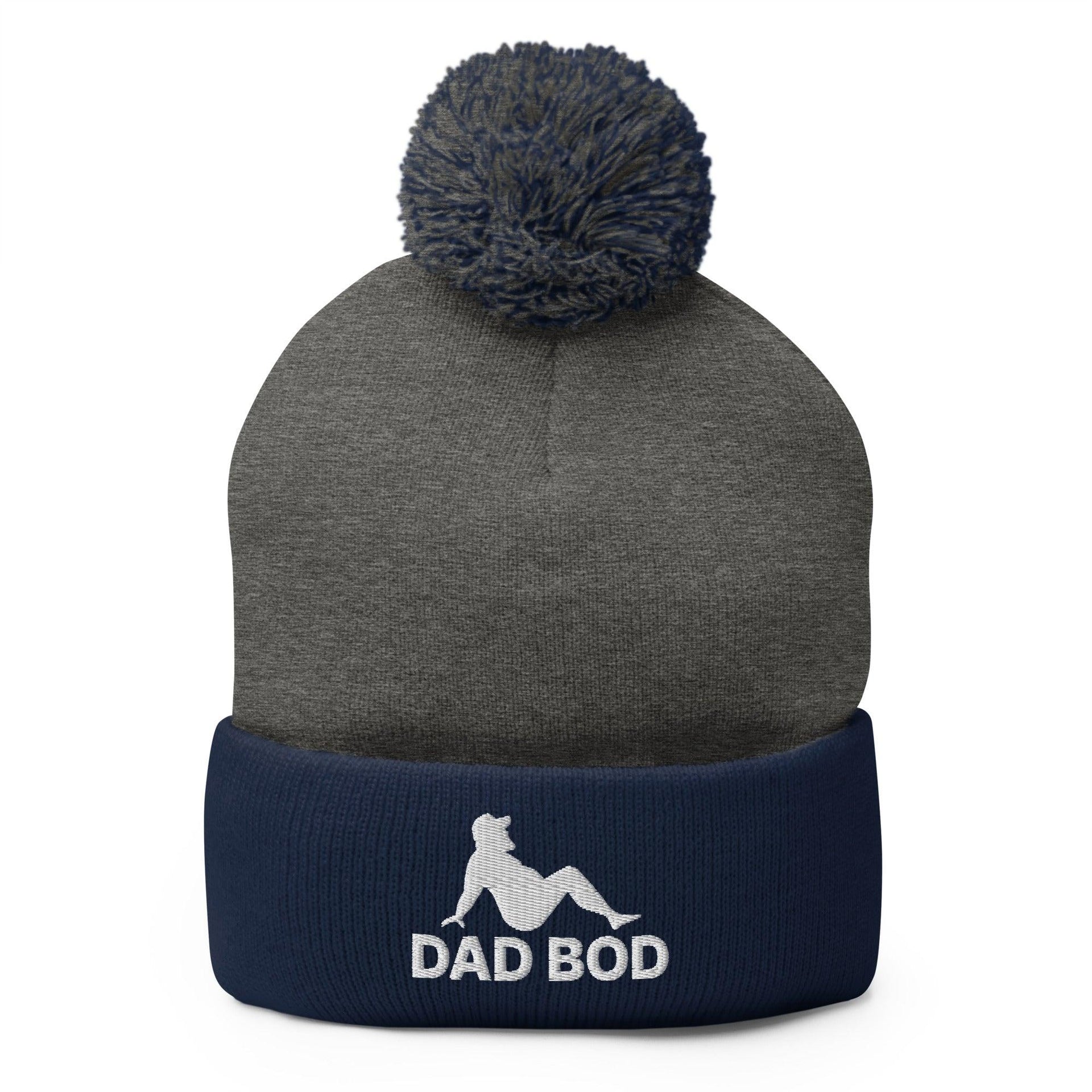 Dad Bod Mud Flap Silhouette Embroidered Knit Pom Pom Beanie Dark Heather Grey Navy Beanies Capital Crowns Dad Hats Funny