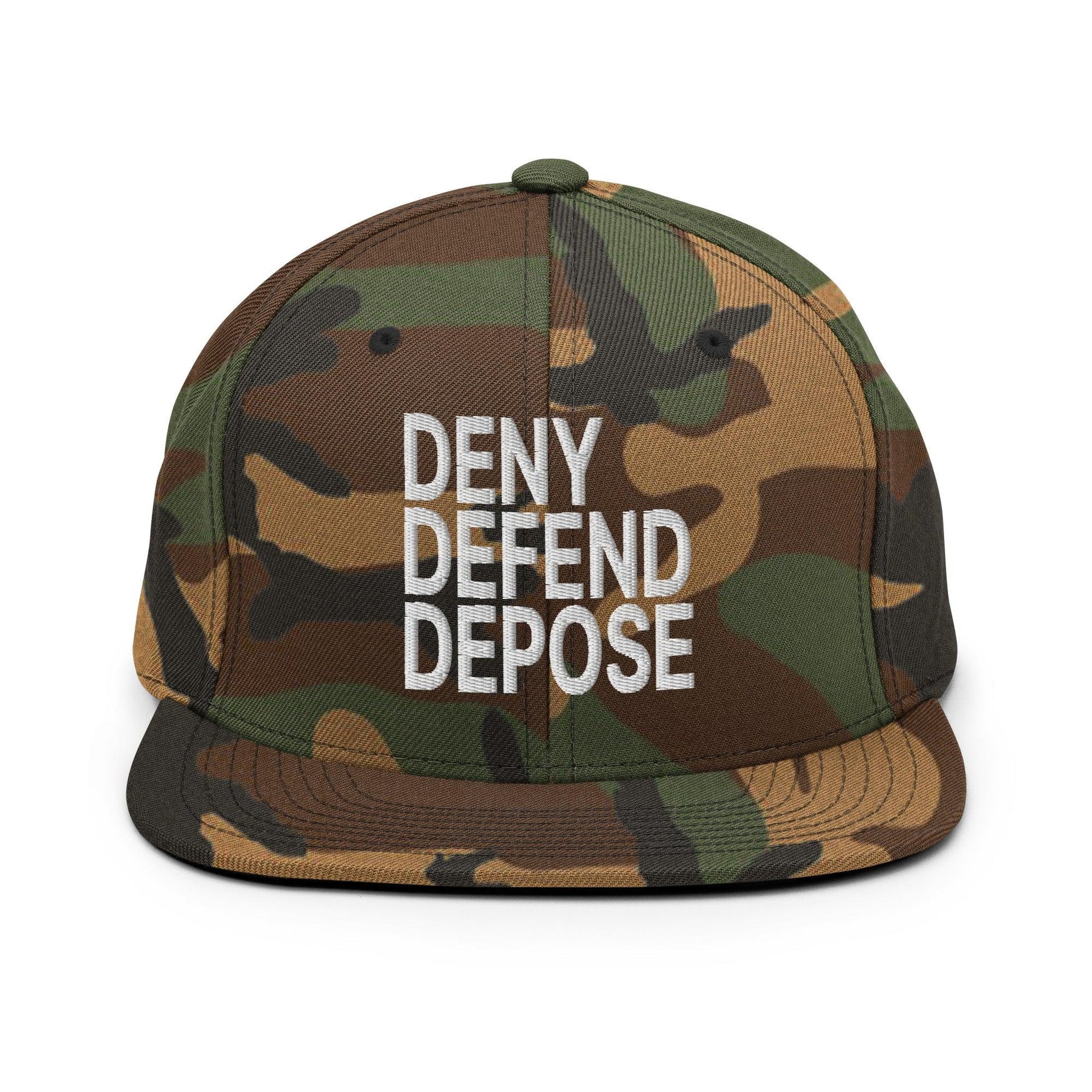 Deny Defend Depose Embroidered Flat Bill Brim Snapback Hat Green Camo Capital Crowns Funny LADs Snapback Hats