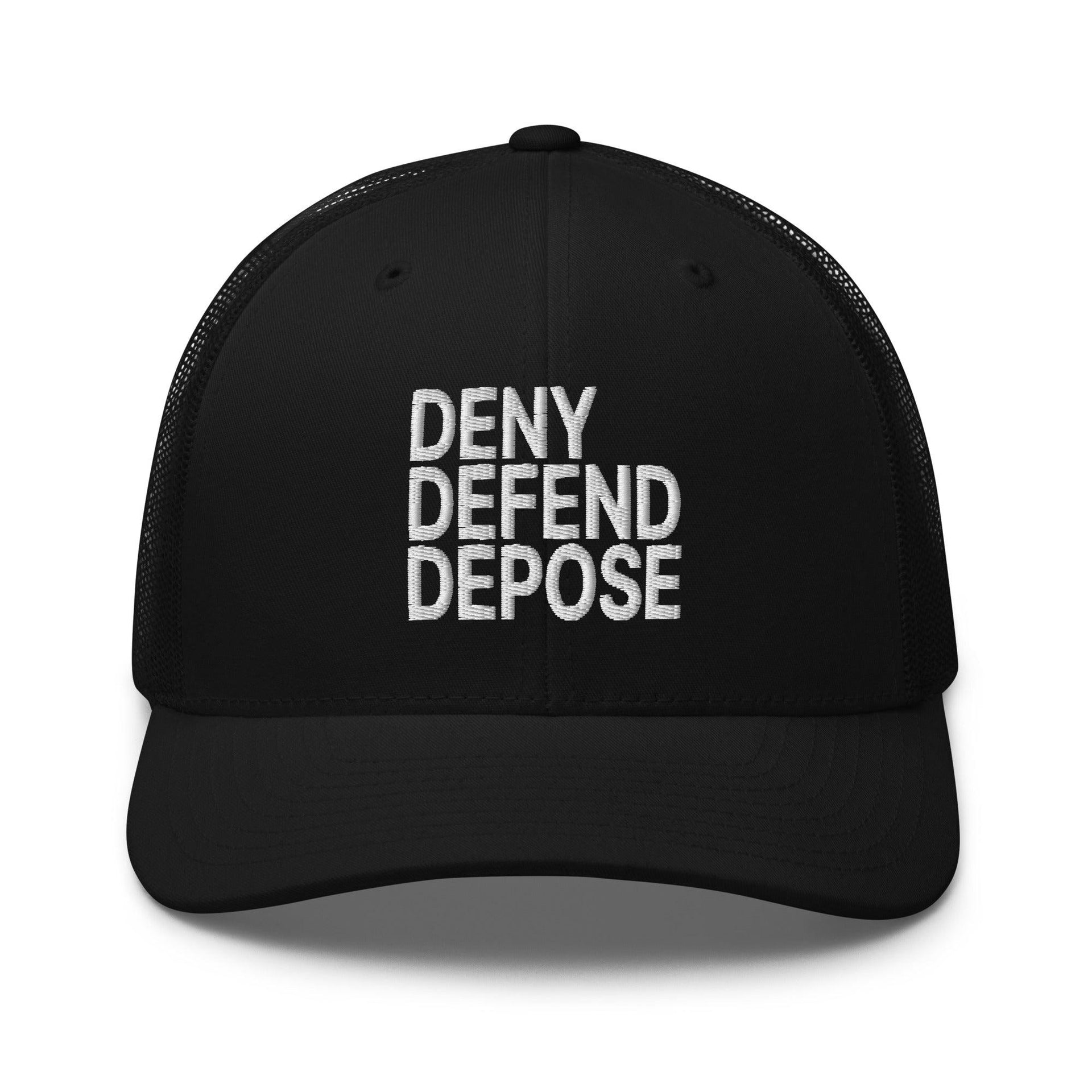 Deny Defend Depose Embroidered Mesh Trucker Hat Black Capital Crowns Funny LADs Trucker Hats