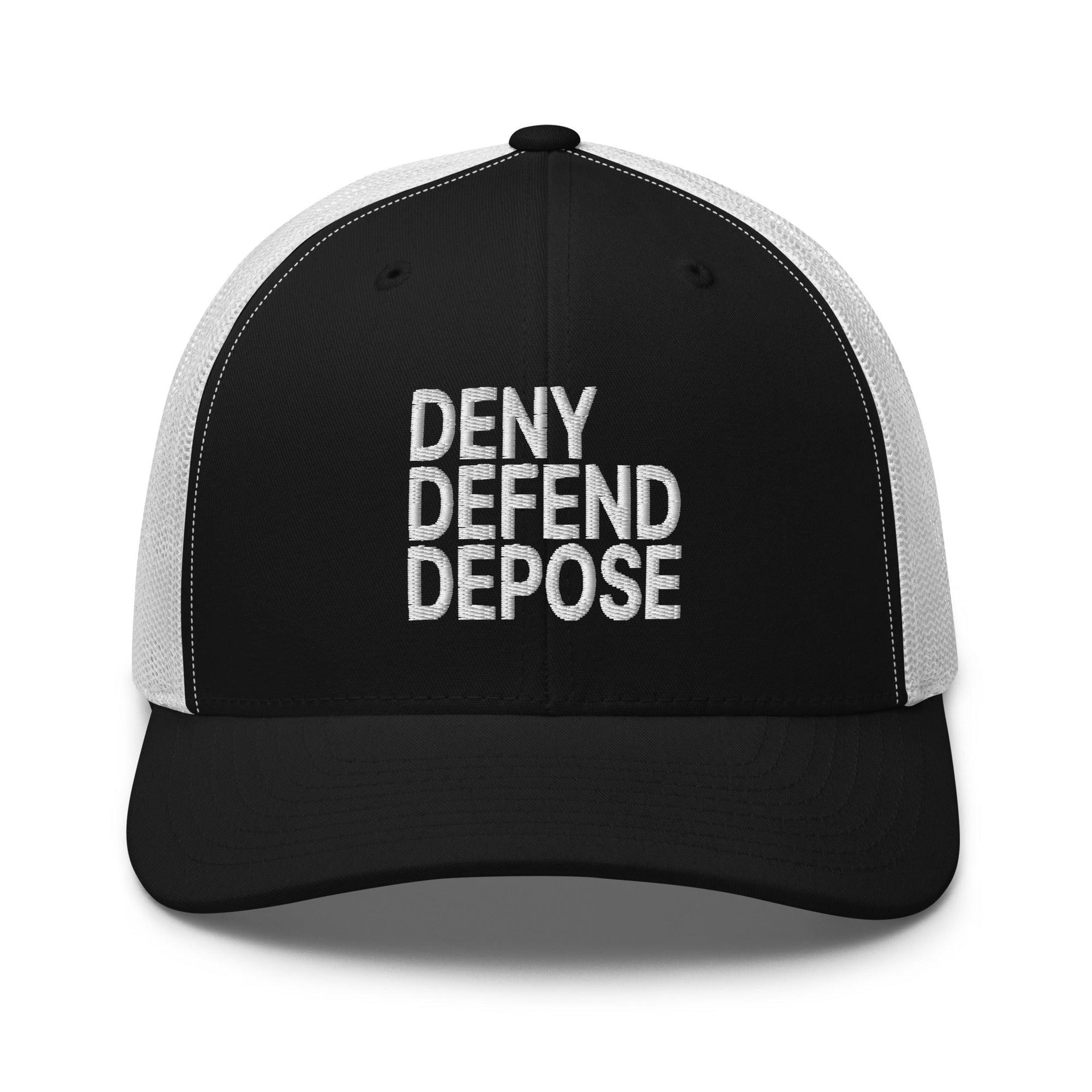 Deny Defend Depose Embroidered Mesh Trucker Hat Black White Capital Crowns Funny LADs Trucker Hats