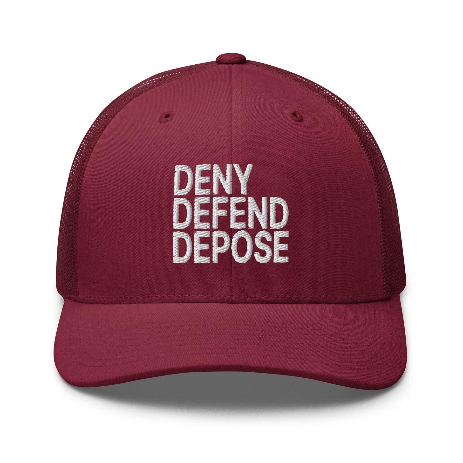 Deny Defend Depose Embroidered Mesh Trucker Hat Cranberry Capital Crowns Funny LADs Trucker Hats