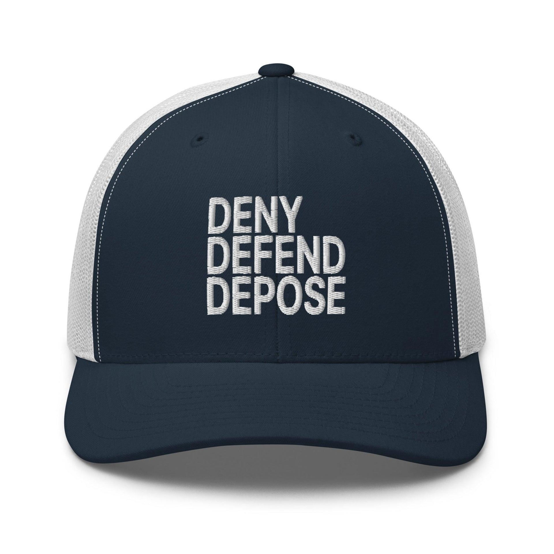 Deny Defend Depose Embroidered Mesh Trucker Hat Navy White Capital Crowns Funny LADs Trucker Hats
