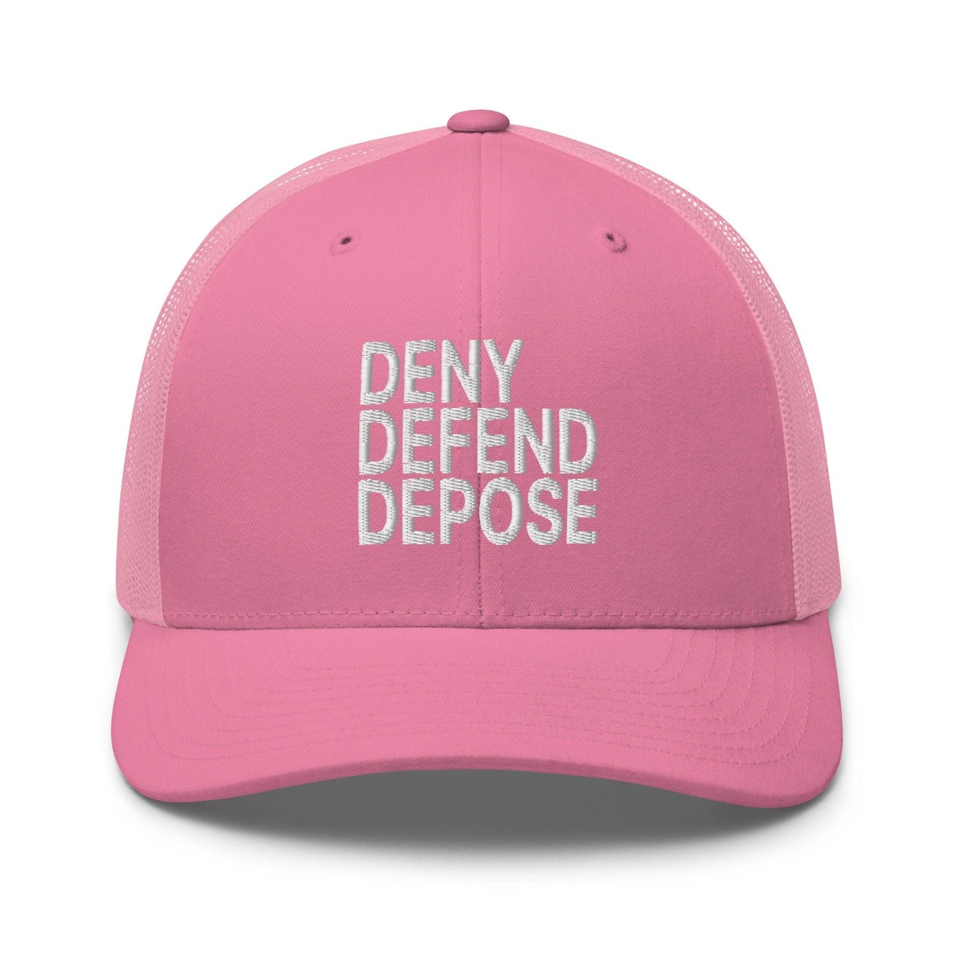 Deny Defend Depose Embroidered Mesh Trucker Hat Pink Capital Crowns Funny LADs Trucker Hats