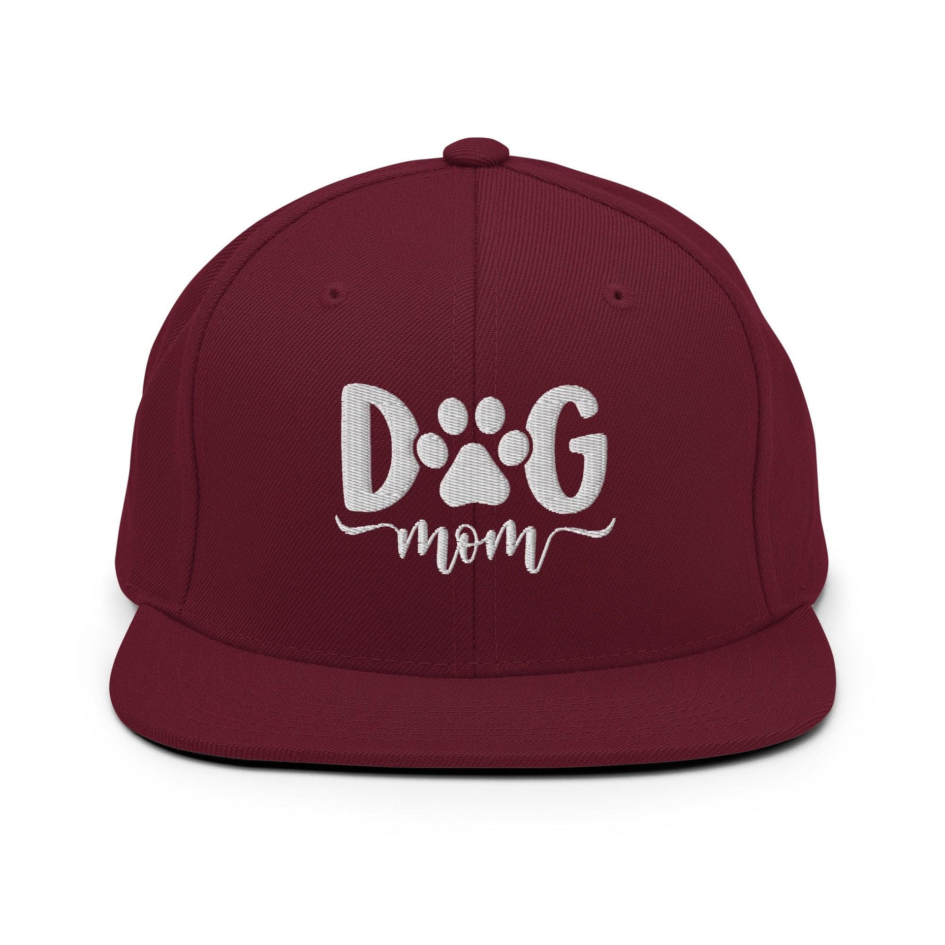 Dog Mom Embroidered Flat Bill Brim Snapback Hat Maroon Capital Crowns Funny Snapback Hats