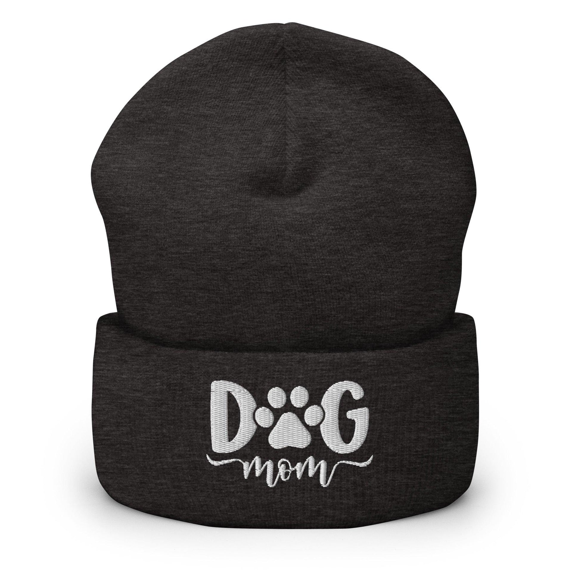 Dog Mom Embroidered Knit Cuffed Beanie Dark Grey Beanies Capital Crowns Funny