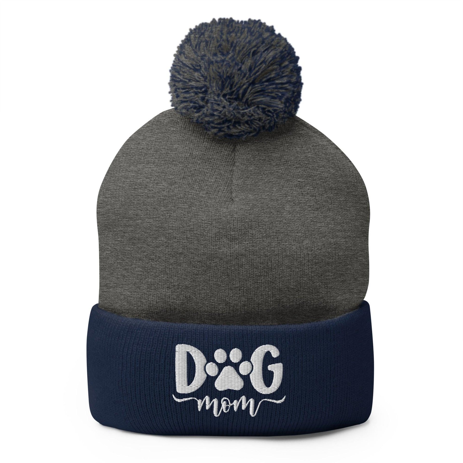 Dog Mom Embroidered Knit Pom Pom Beanie Dark Heather Grey Navy Beanies Capital Crowns Funny