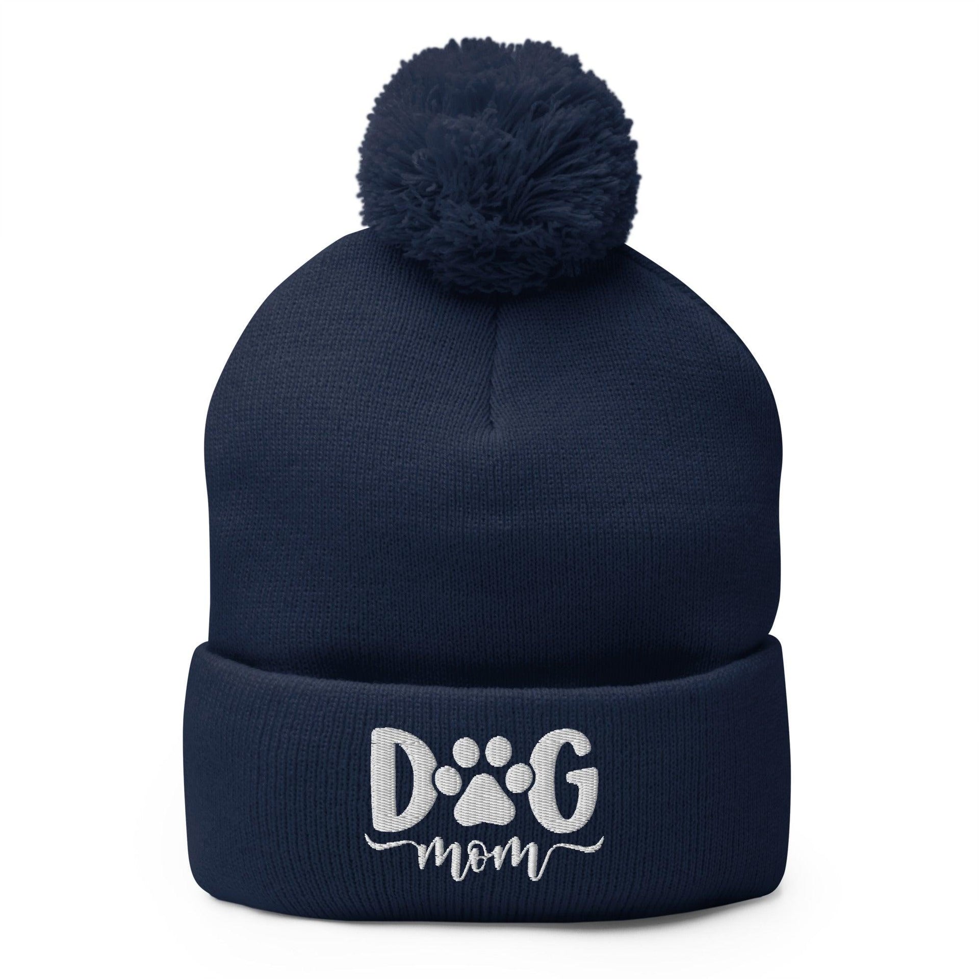 Dog Mom Embroidered Knit Pom Pom Beanie Navy Beanies Capital Crowns Funny