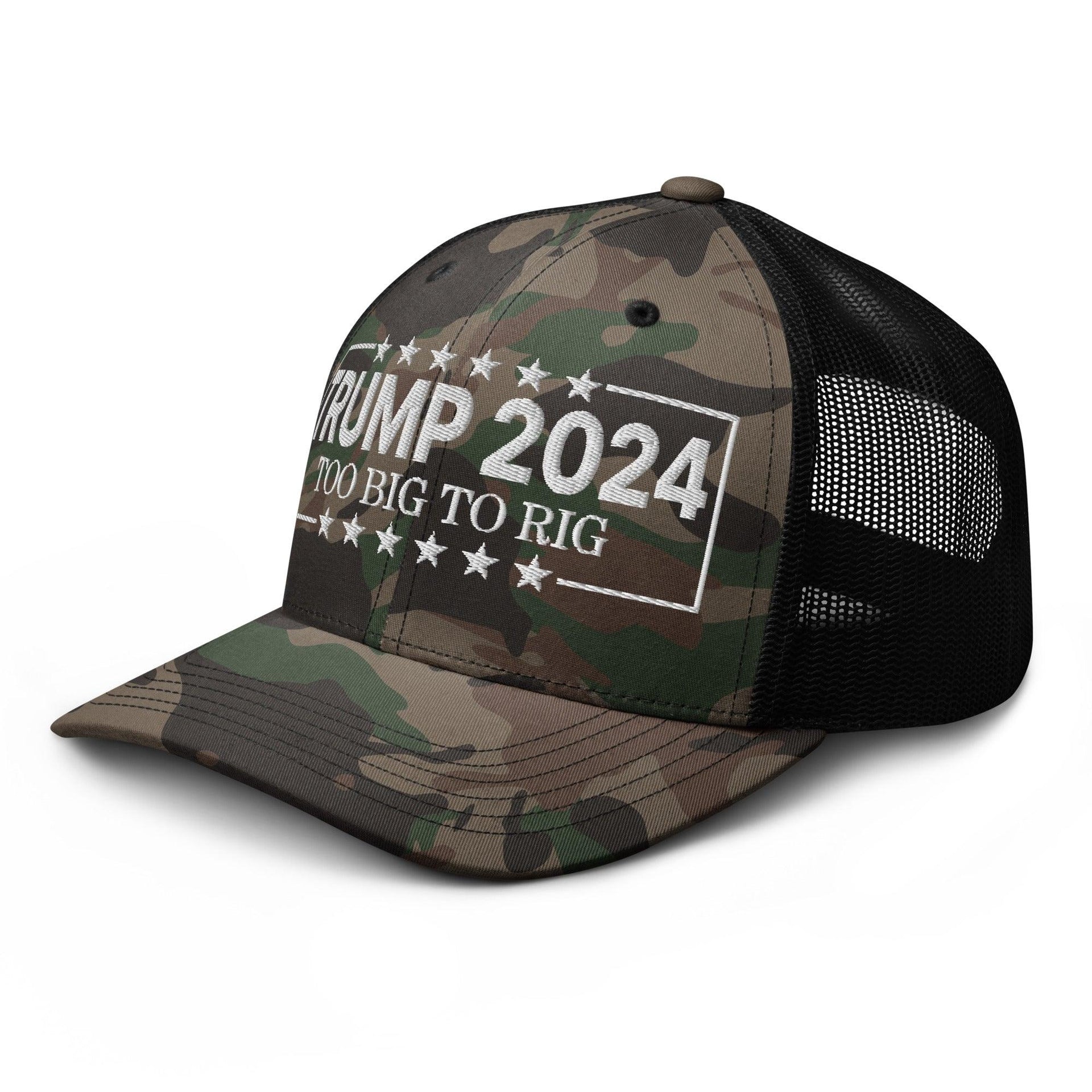 Donald Trump 2024 Too Big to Rig Camo Trucker Hat Capital Crowns Conservative LADs Trucker Hats