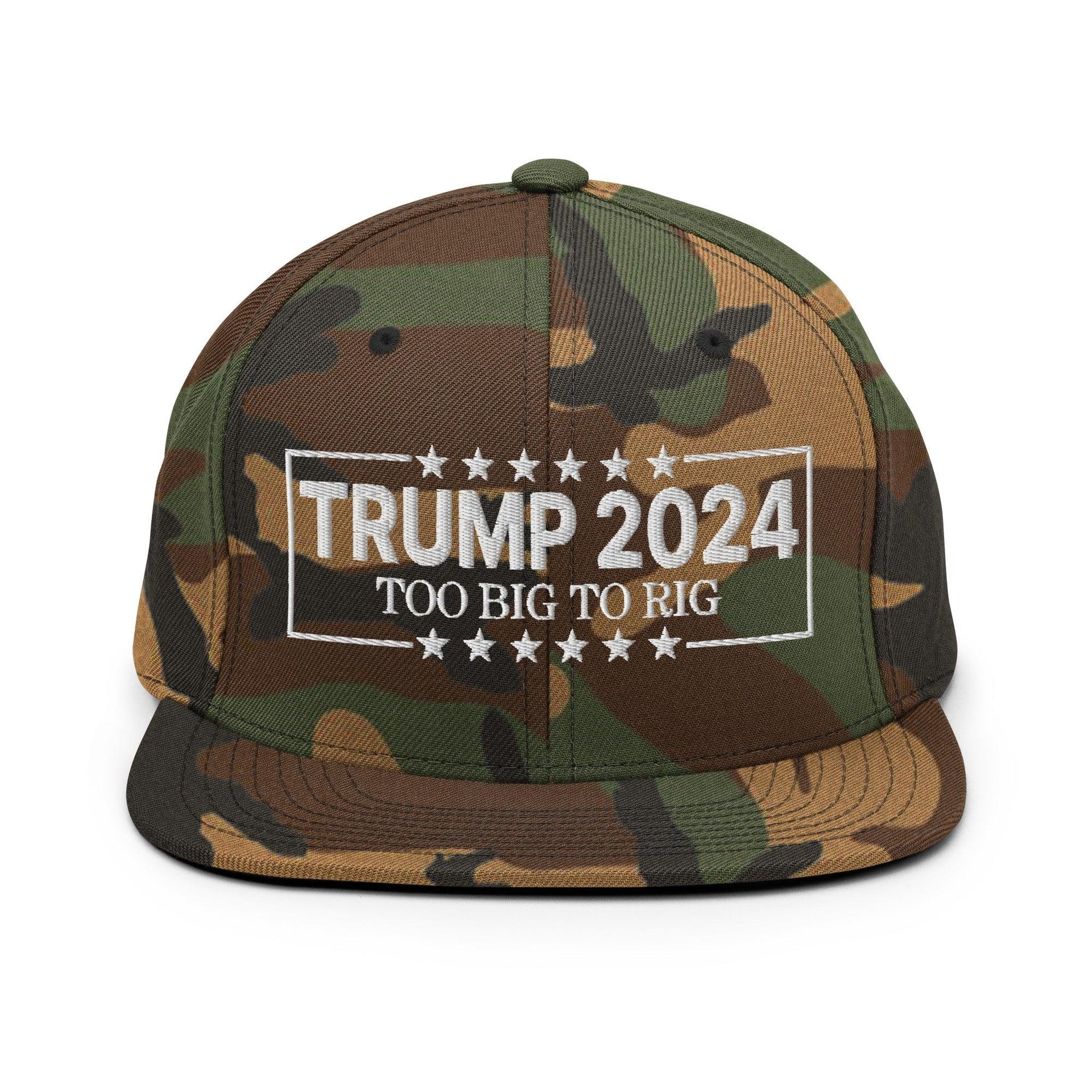 Donald Trump 2024 Too Big to Rig Flat Bill Brim Snapback Hat Green Camo Capital Crowns Conservative LADs Snapback Hats