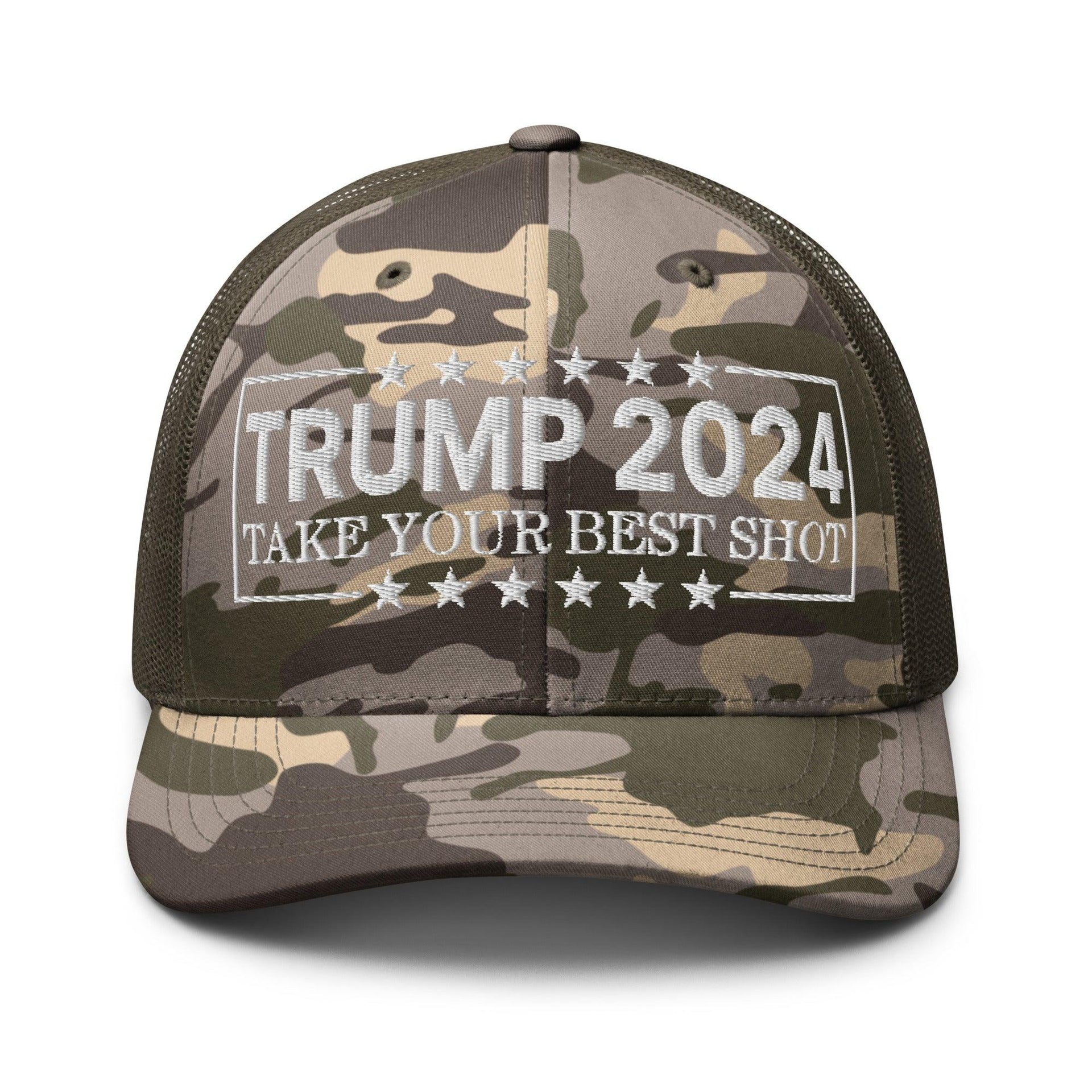 Donald Trump 2024 Take Your Best Shot Camo Trucker Hat Camo Olive Capital Crowns Conservative LADs Trucker Hats