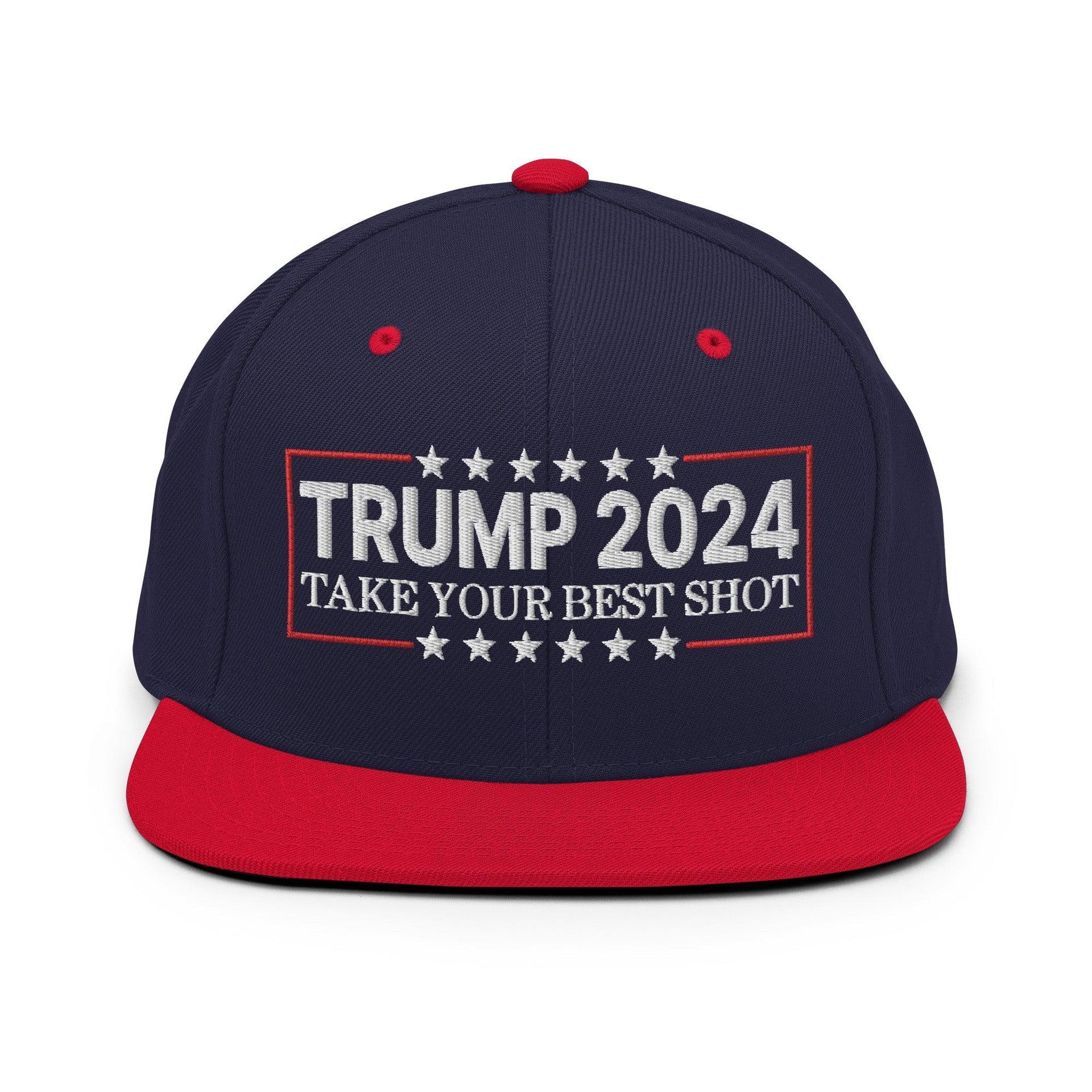 Donald Trump 2024 Take Your Best Shot Flat Bill Brim Snapback Hat Navy Red Capital Crowns Conservative LADs Snapback Hats