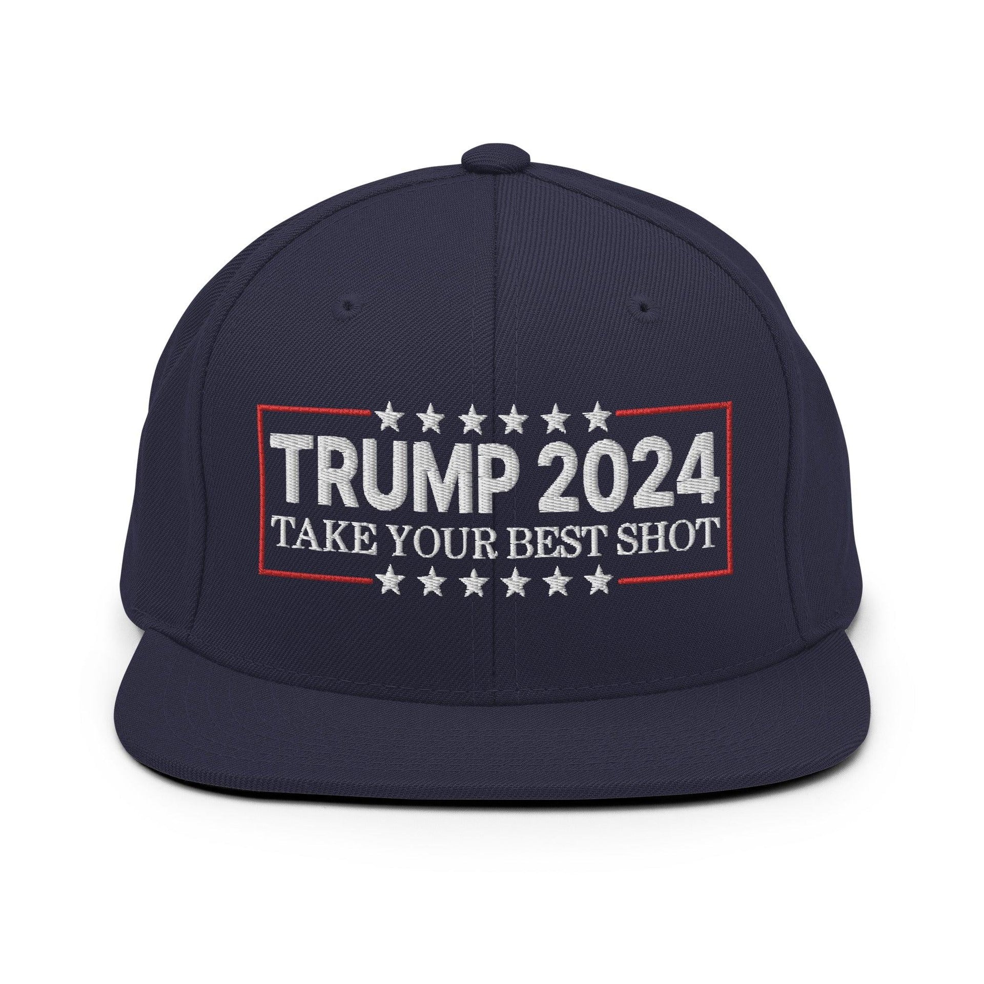 Donald Trump 2024 Take Your Best Shot Flat Bill Brim Snapback Hat Navy Capital Crowns Conservative LADs Snapback Hats