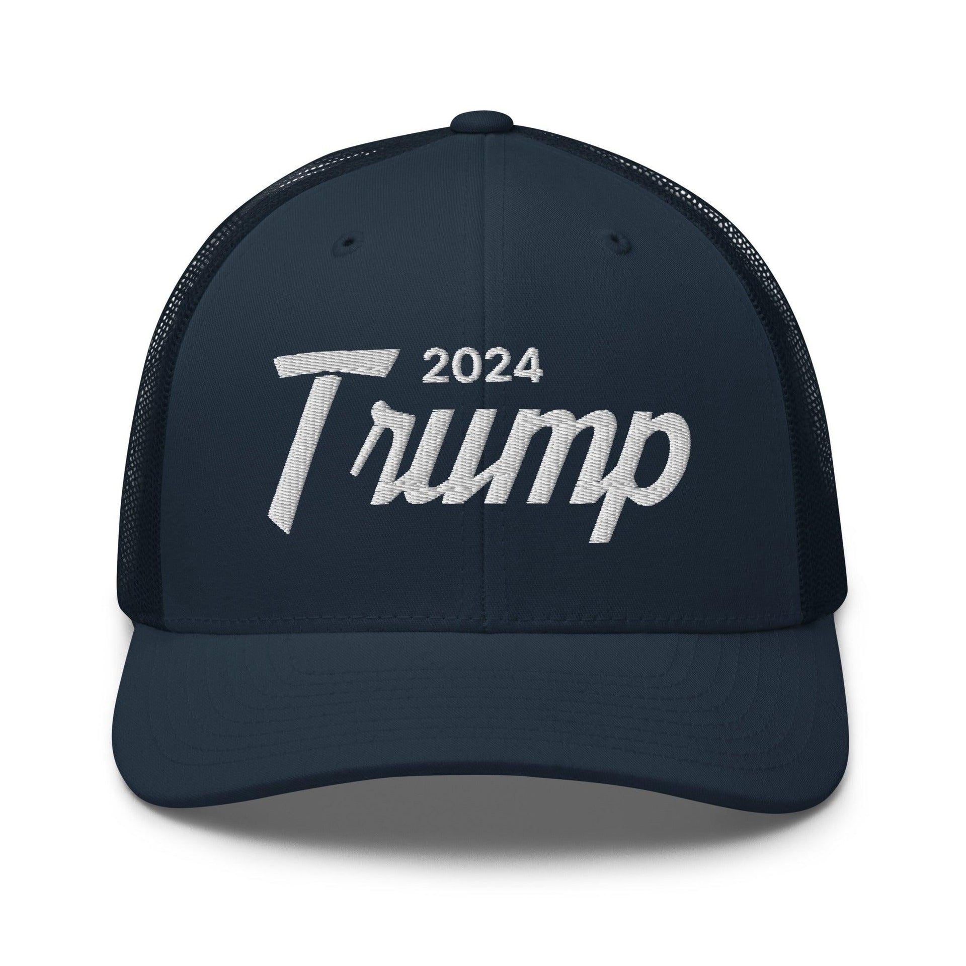 Donald Trump 2024 Vintage Sports Script Retro Trucker Hat Navy Capital Crowns Conservative LADs Trucker Hats