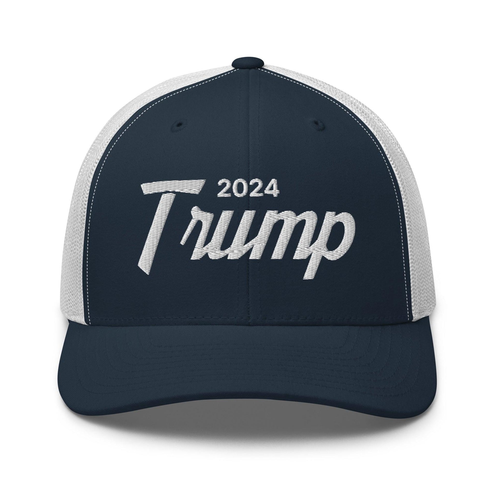 Donald Trump 2024 Vintage Sports Script Retro Trucker Hat Navy White Capital Crowns Conservative LADs Trucker Hats