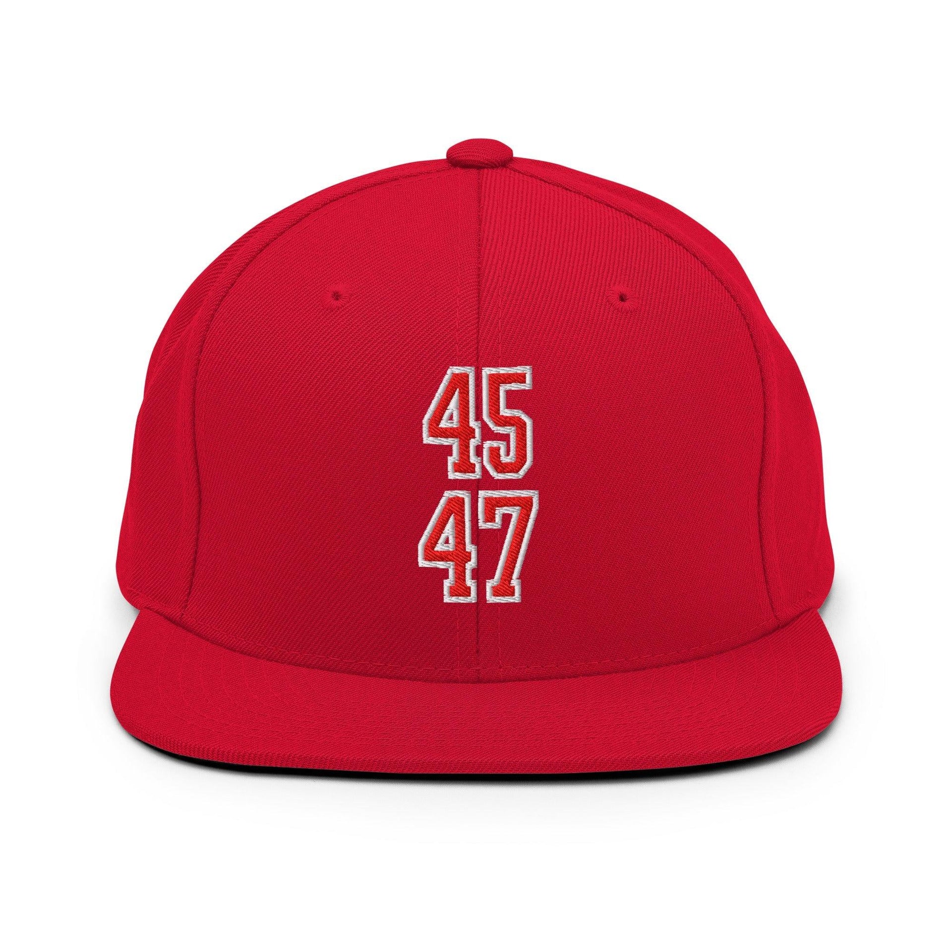 Donald Trump 45-47 Embroidered Flat Bill Brim Snapback Hat Red/White Red Capital Crowns Conservative LADs Snapback Hats