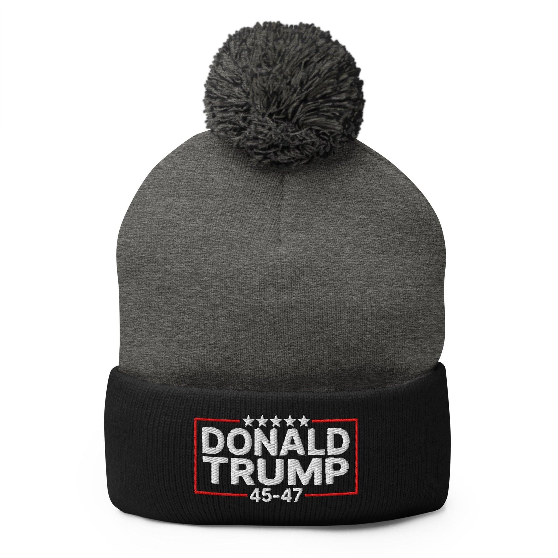 Donald Trump 45-47 Embroidered Knit Pom Pom Beanie Dark Heather Grey Black Beanies Capital Crowns Conservative LADs
