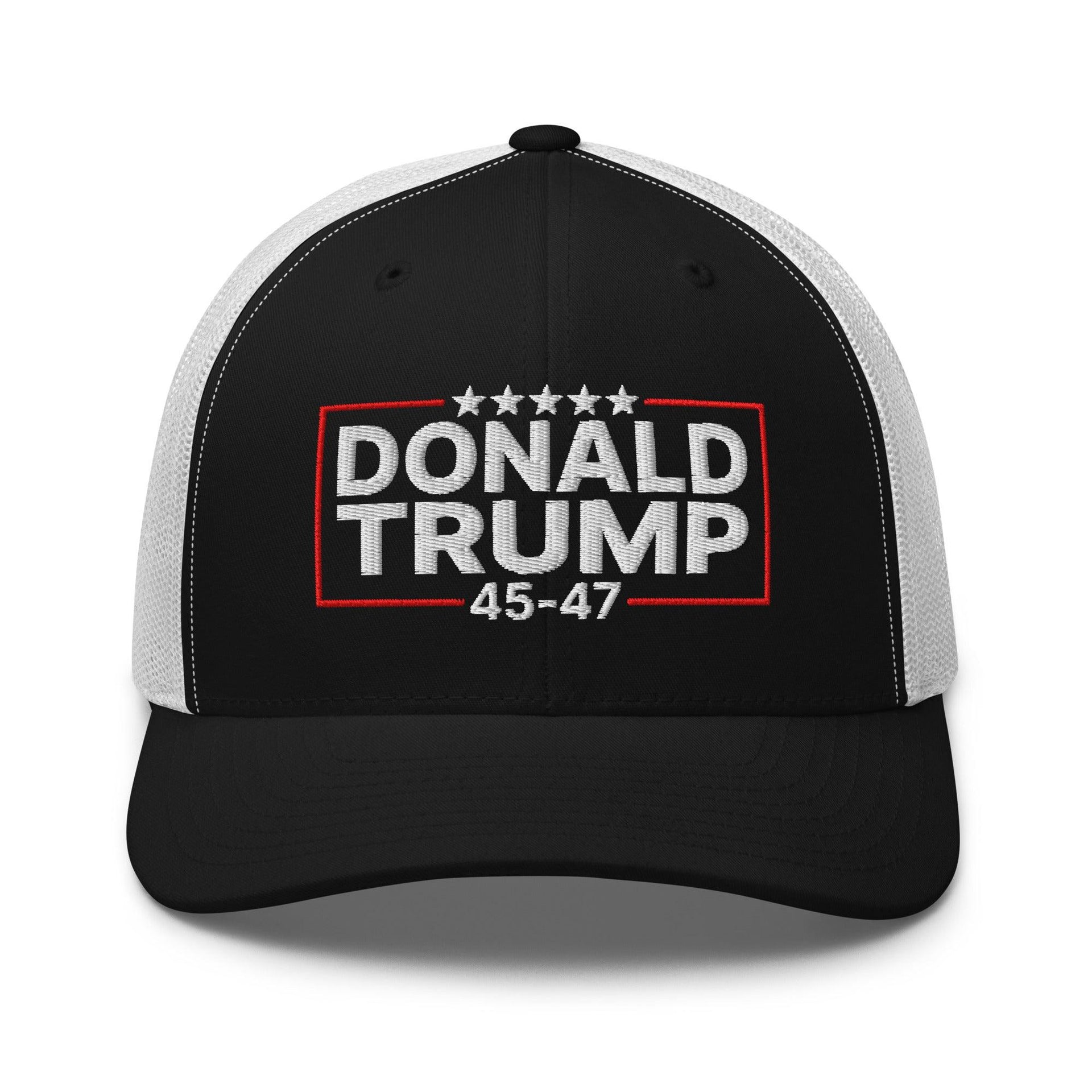 Donald Trump 45-47 Embroidered Mesh Trucker Hat Black White Capital Crowns Conservative LADs Trucker Hats