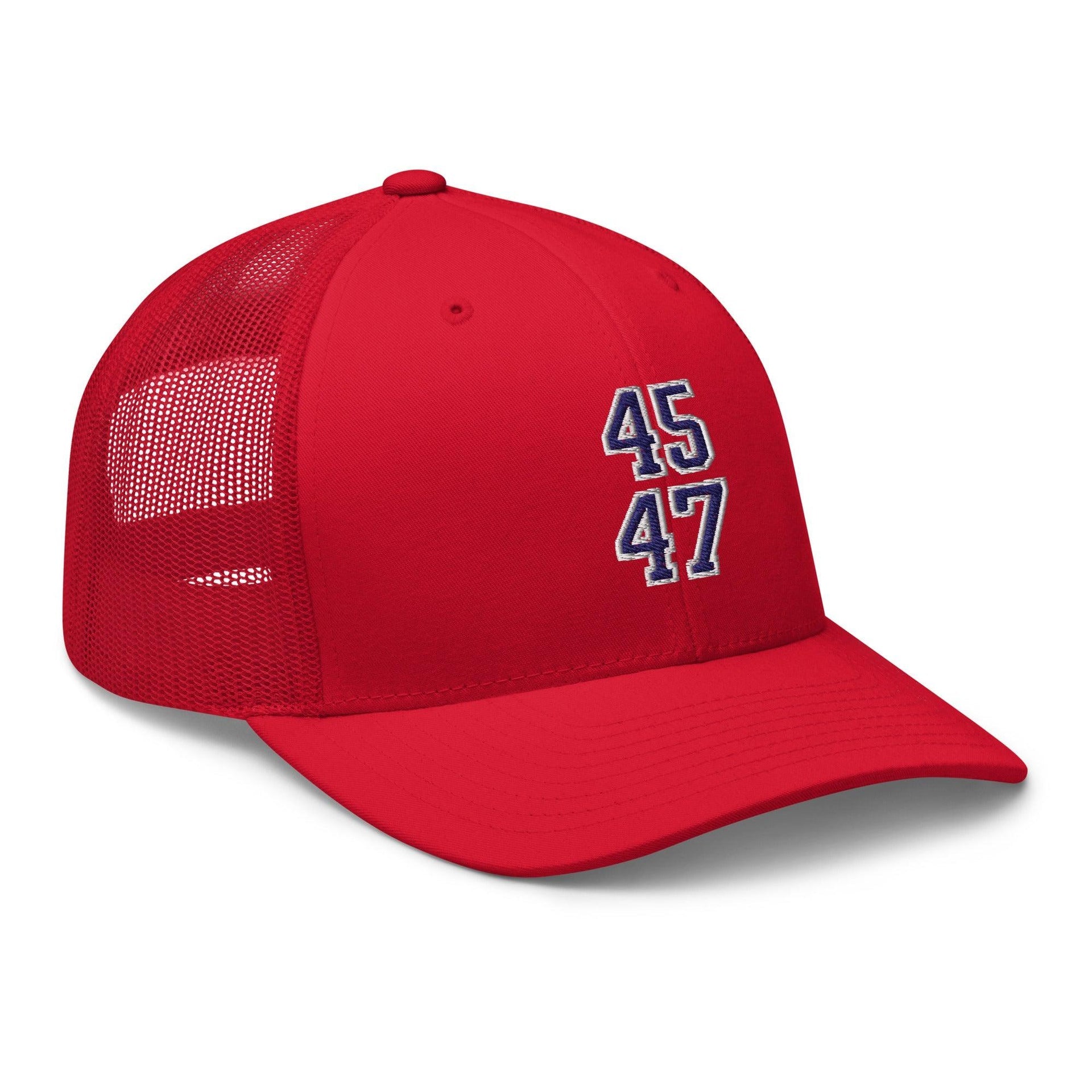 Donald Trump 45-47 Embroidered Mesh Trucker Hat Blue/White Capital Crowns Conservative LADs Trucker Hats